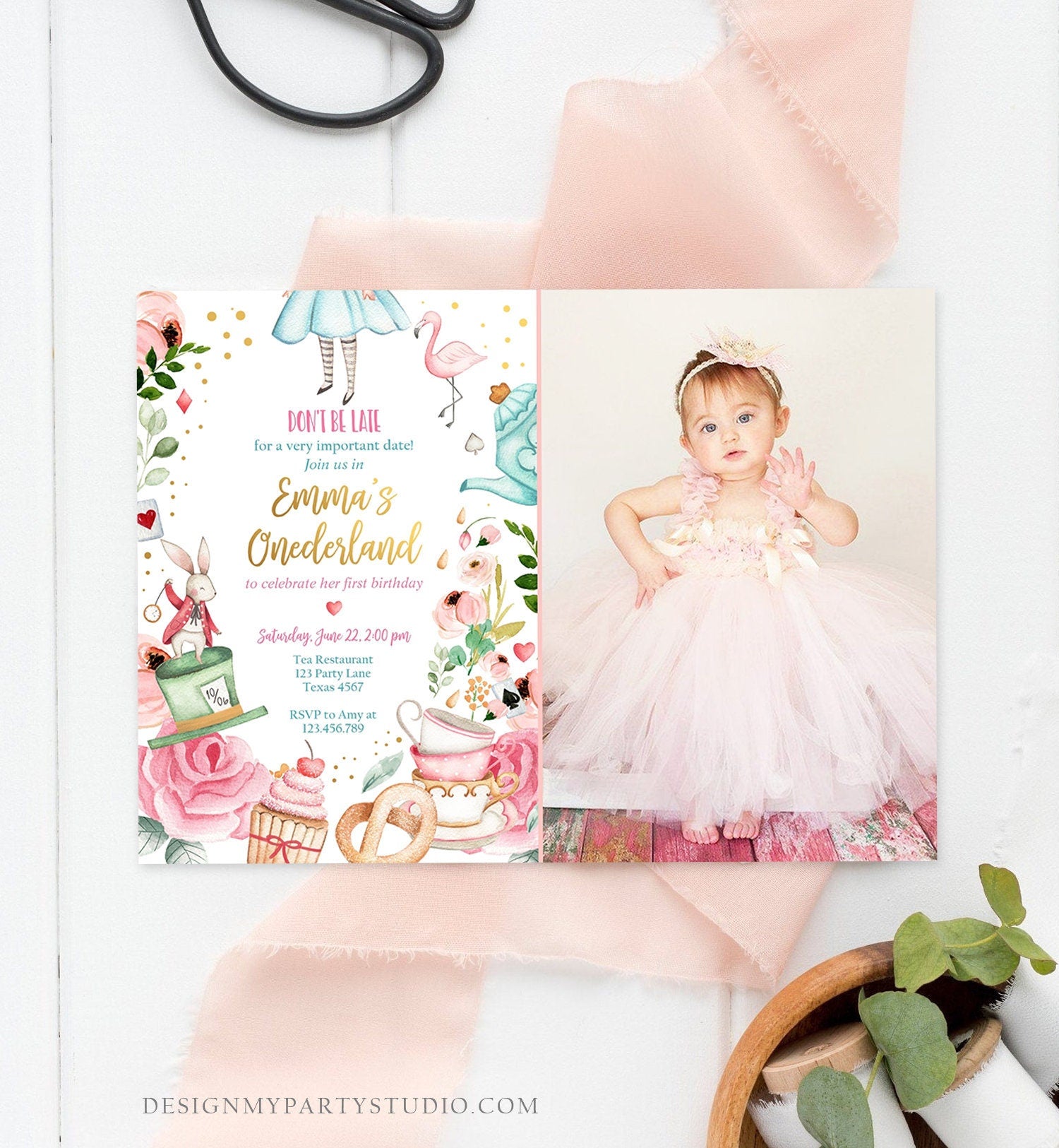 Editable Alice In Wonderland Birthday Invitation Girl First Birthday 1st Onederland Tea Party Photo Printable Template Corjl Digital 0350