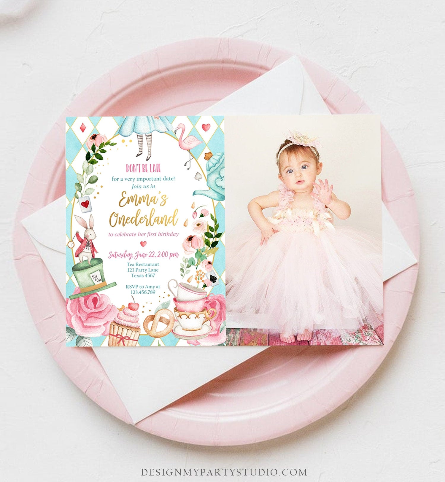 Editable Alice In Wonderland Birthday Invitation Girl First Birthday 1st Onederland Tea Party Photo Printable Template Corjl Digital 0350