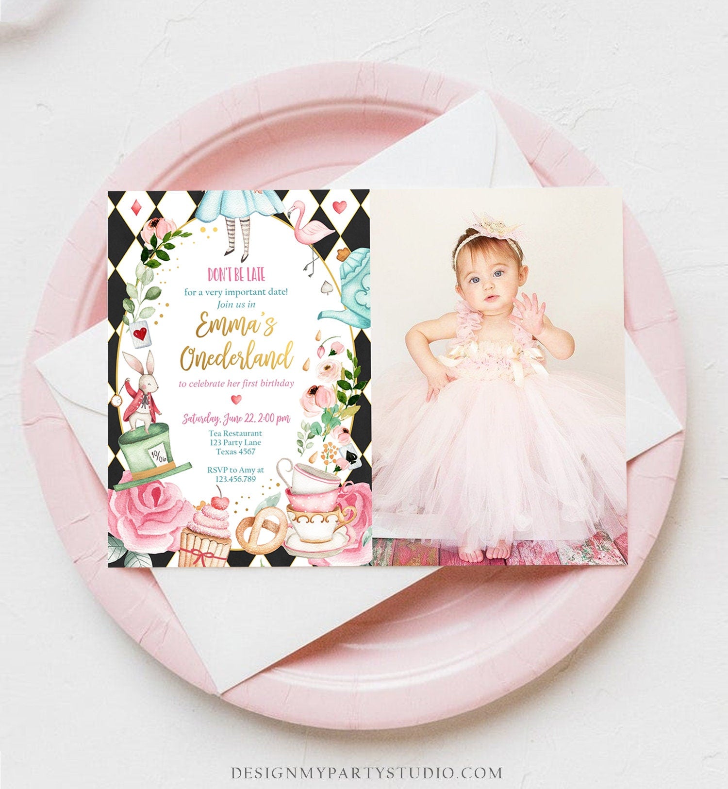 Editable Alice In Wonderland Birthday Invitation Girl First Birthday 1st Onederland Tea Party Photo Printable Template Corjl Digital 0350