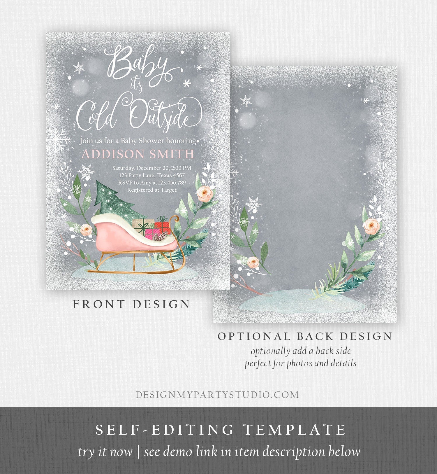 Editable Baby Its Cold Outside Winter Baby Shower Invitation It's Cold Outside Gender Neutral Pink Girl Template Instant Download Corjl 0353