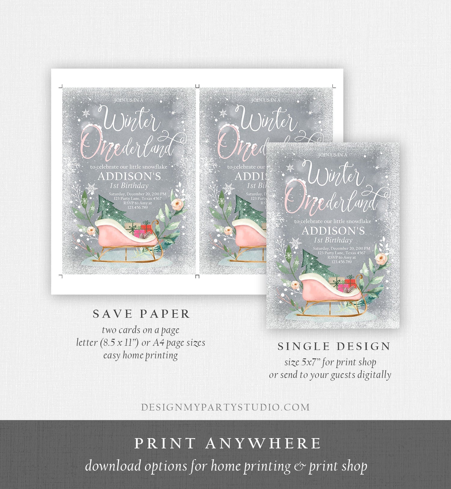 Editable Winter Onederland Invitation 1st Birthday Girl Blush Pink Gold Christmas Sleigh Little Snowflake Floral Printable Template DIY 0353