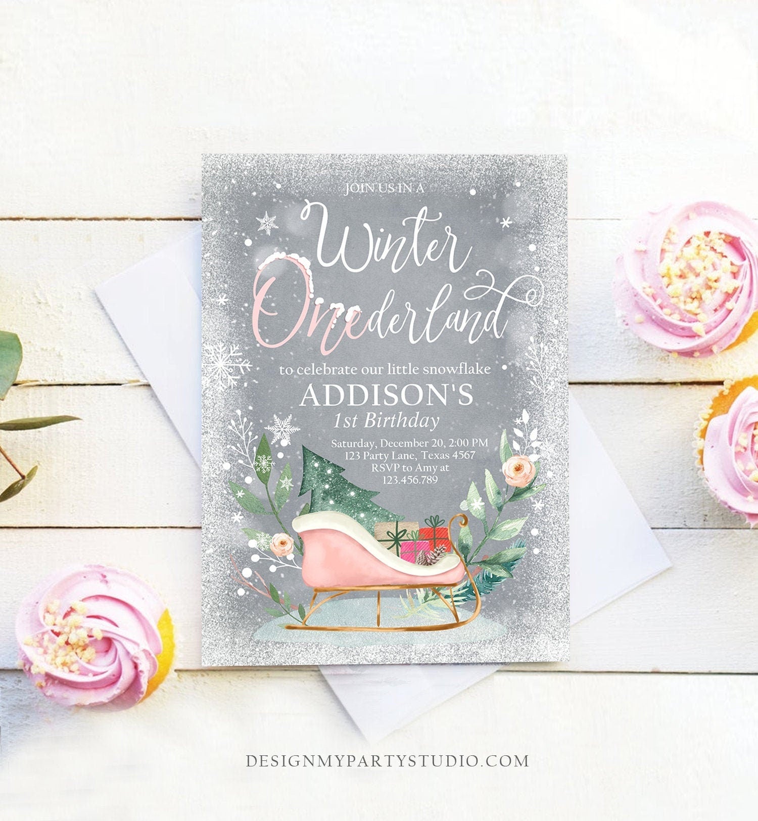 Editable Winter Onederland Invitation 1st Birthday Girl Blush Pink Gold Christmas Sleigh Little Snowflake Floral Printable Template DIY 0353