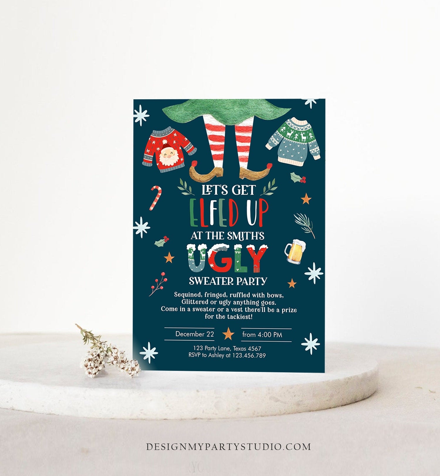 Editable Let's Get Elfed Up Christmas Party Invitation Framily Holiday Invitation Ugly Sweater Invite Elf Printable Corjl Template 0354