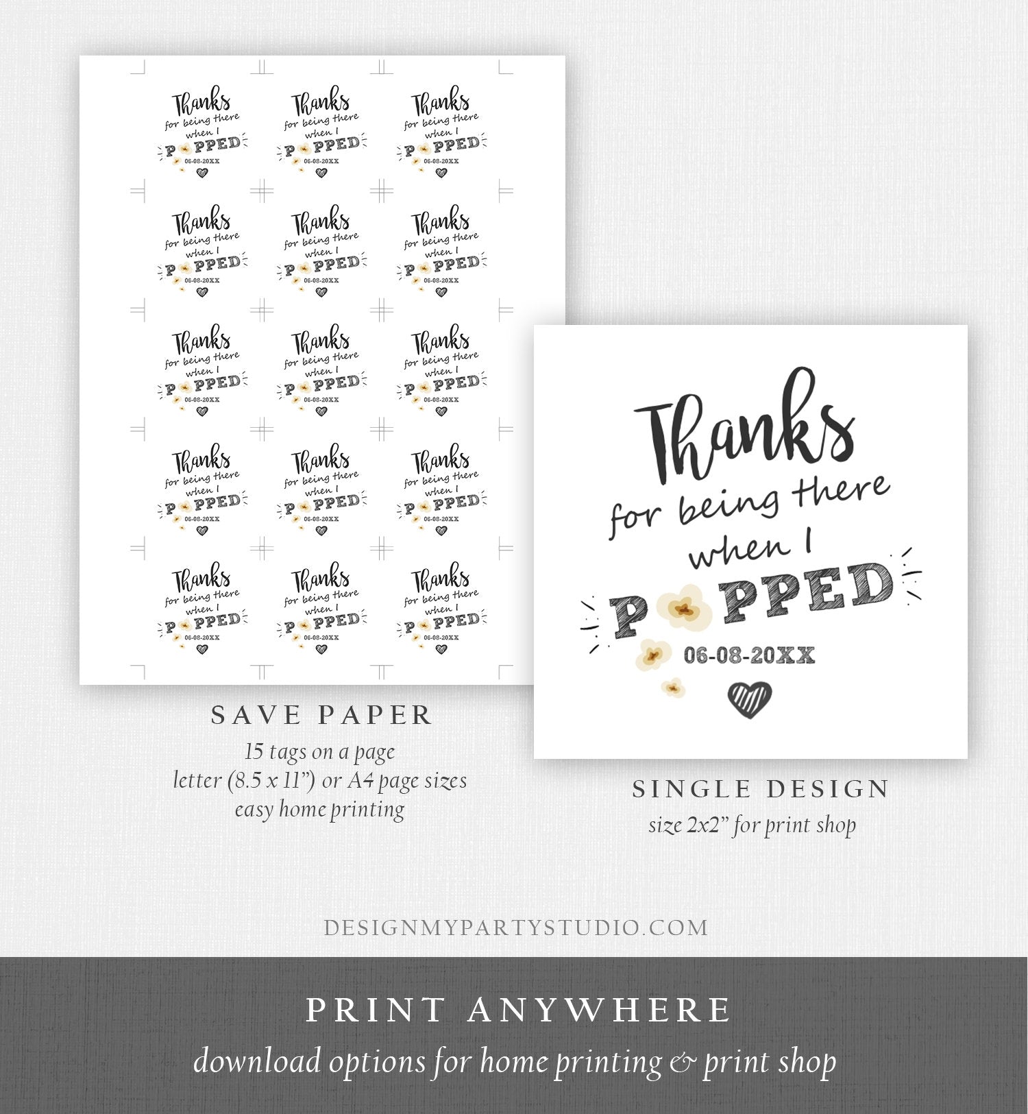 Editable Thanks When I Popped Gift Popcorn Favor Tag Popping Being There Bridal Shower Wedding Birthday Party Stickers Template Corjl 0110