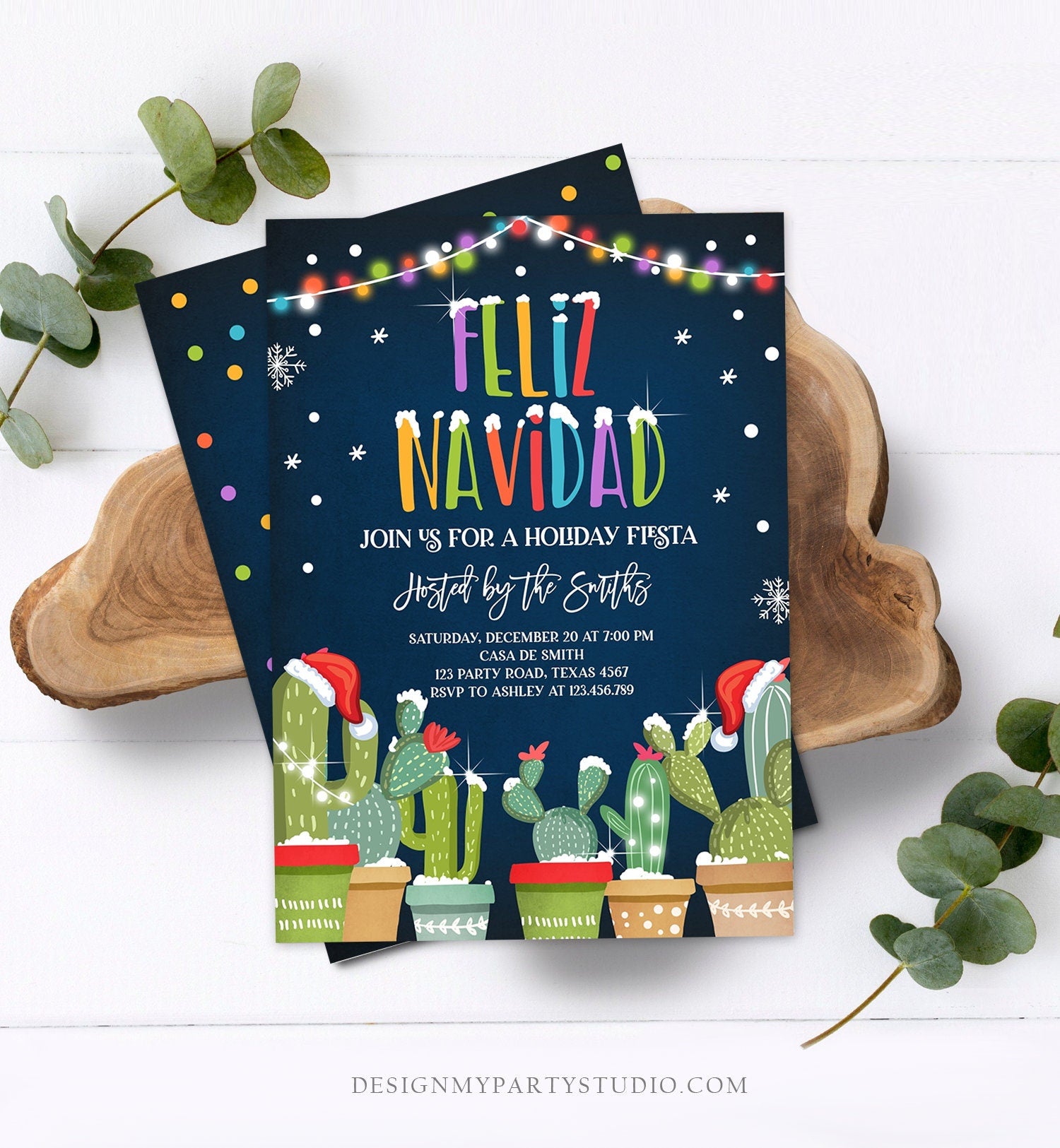 Editable Feliz Navidad Fiesta Christmas Invitation Cactus Mexican Holiday Xmas Party Santa Invite Digital Printable Corjl Template 0273