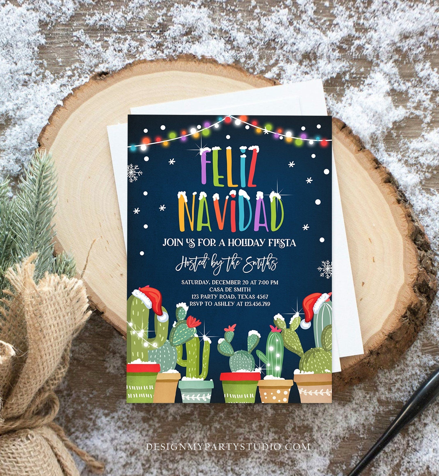 Editable Feliz Navidad Fiesta Christmas Invitation Cactus Mexican Holiday Xmas Party Santa Invite Digital Printable Corjl Template 0273