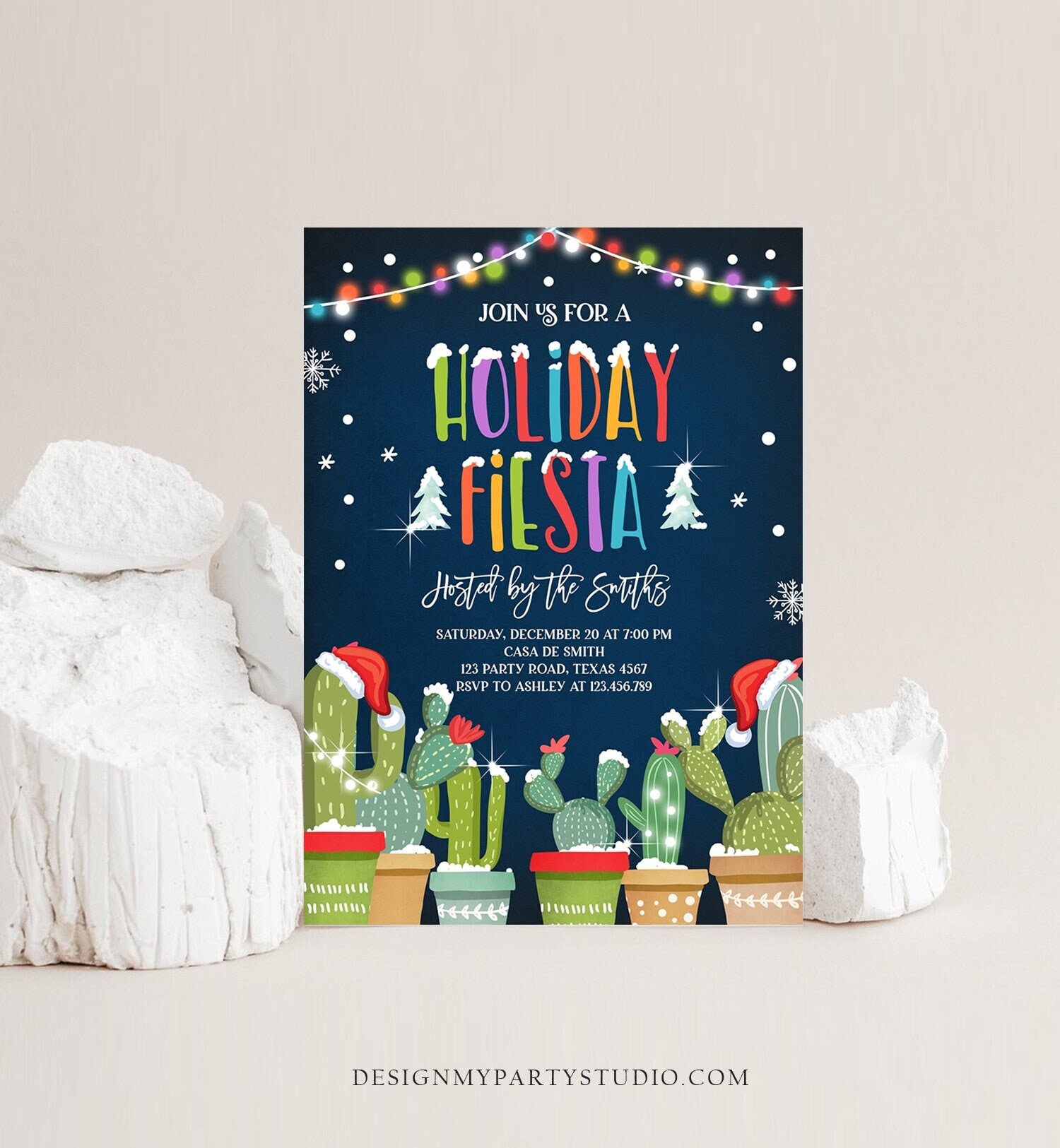 Editable Holiday Fiesta Christmas Invitation Cactus Mexican Holiday Xmas Party Feliz Navidad Invite Digital Printable Corjl Template 0273