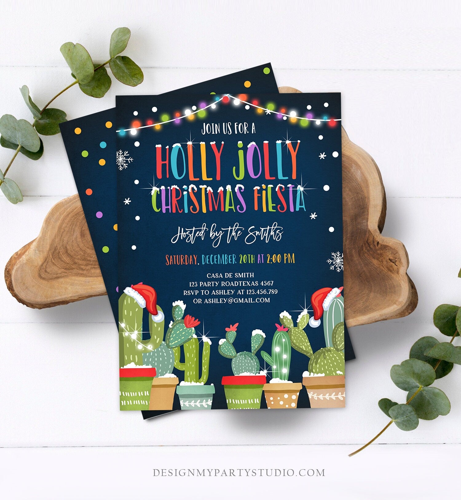 Editable Holly Jolly Christmas Fiesta Invitation Cactus Mexican Holiday Xmas Party Feliz Navidad Digital Printable Corjl Template 0273