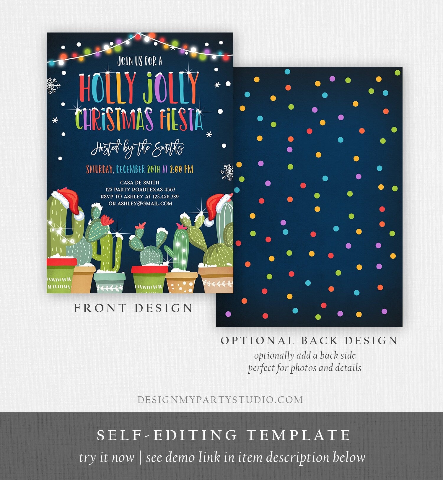 Editable Holly Jolly Christmas Fiesta Invitation Cactus Mexican Holiday Xmas Party Feliz Navidad Digital Printable Corjl Template 0273