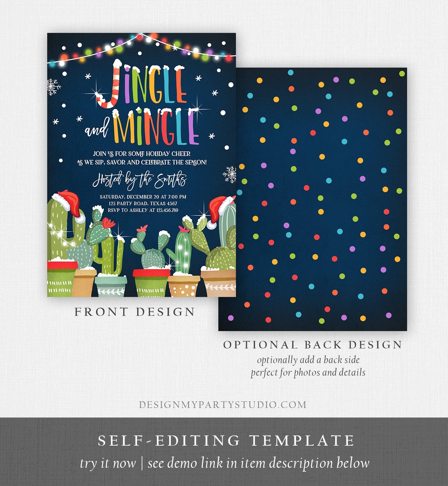 Editable Jingle Mingle Invitation Christmas Fiesta Cocktail Party Cactus Mexican Holiday Feliz Navidad Digital Printable Corjl Template 0273