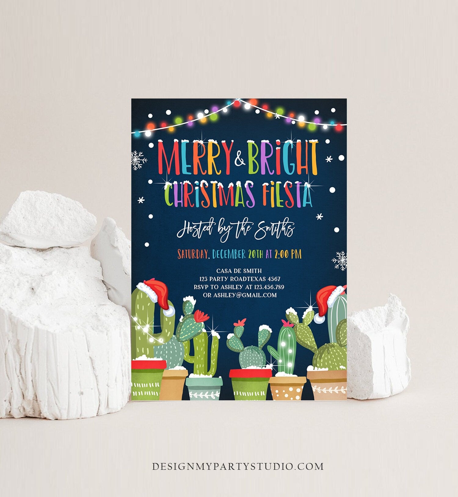 Editable Merry and Bright Christmas Fiesta Invitation Cactus Mexican Holiday Feliz Navidad Invite Digital Printable Corjl Template 0273