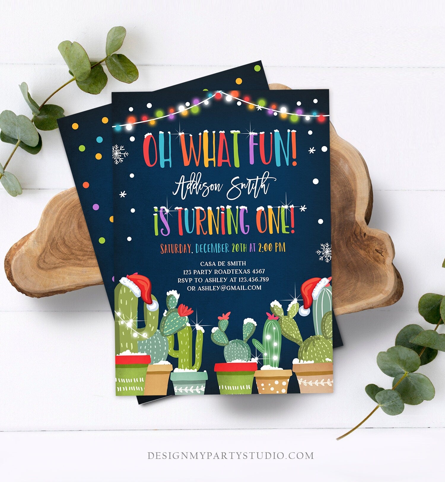 Editable Oh What Fun Christmas Fiesta Invitation First Birthday 1st Cactus Mexican Holiday Feliz Navidad Printable Corjl Template 0273