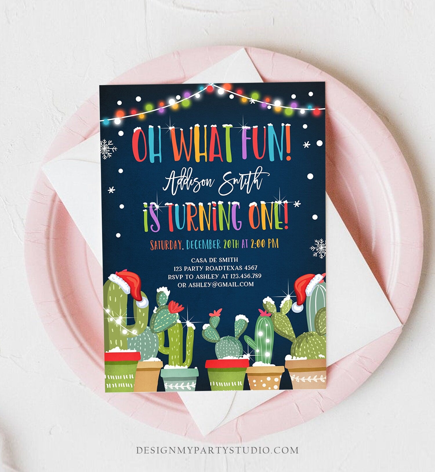 Editable Oh What Fun Christmas Fiesta Invitation First Birthday 1st Cactus Mexican Holiday Feliz Navidad Printable Corjl Template 0273