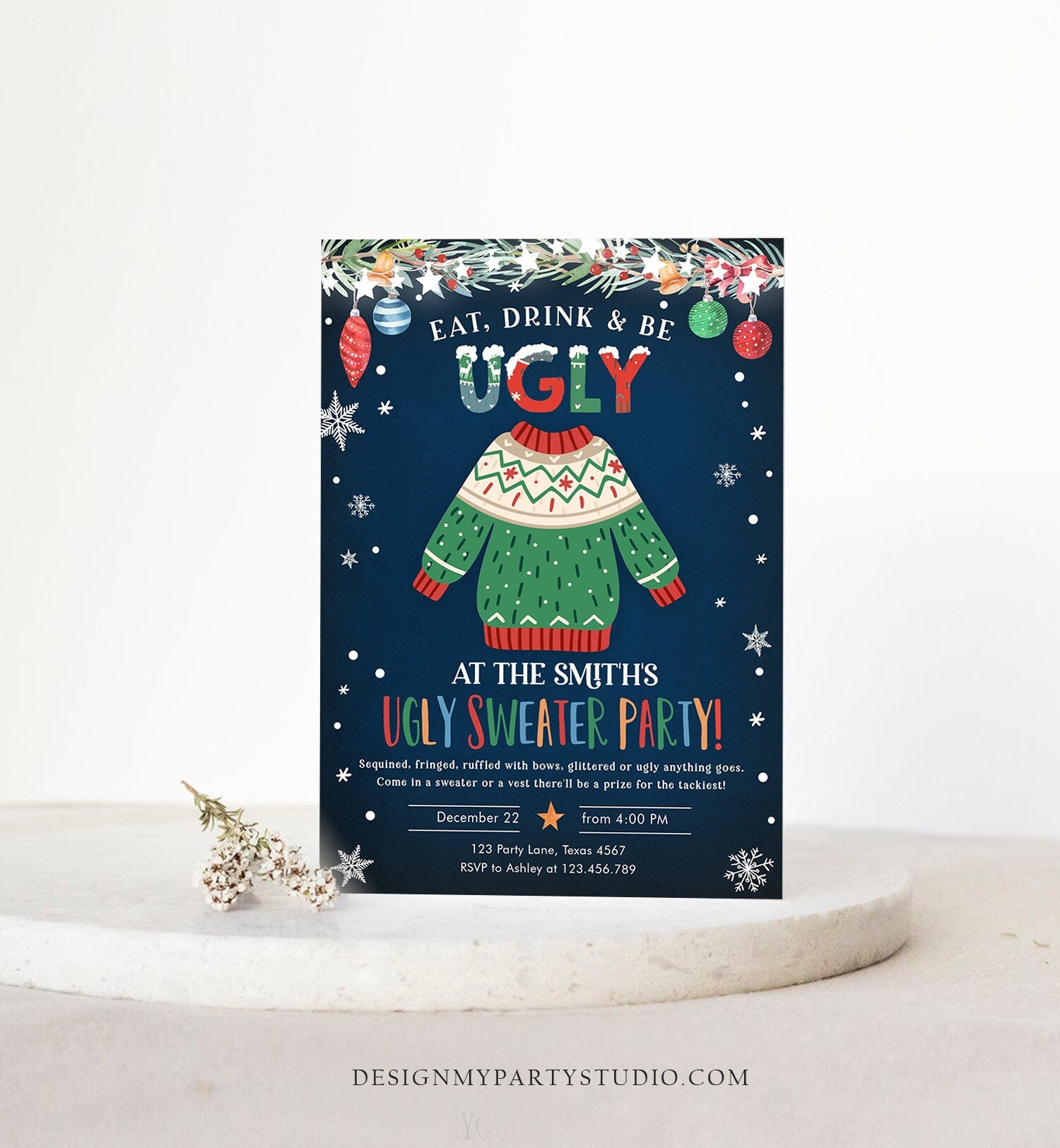 Editable Ugly Sweater Christmas Party Invitation Eat Drink And Be Ugly Rustic Family Birthday Tacky Party Printable Corjl Template 0354