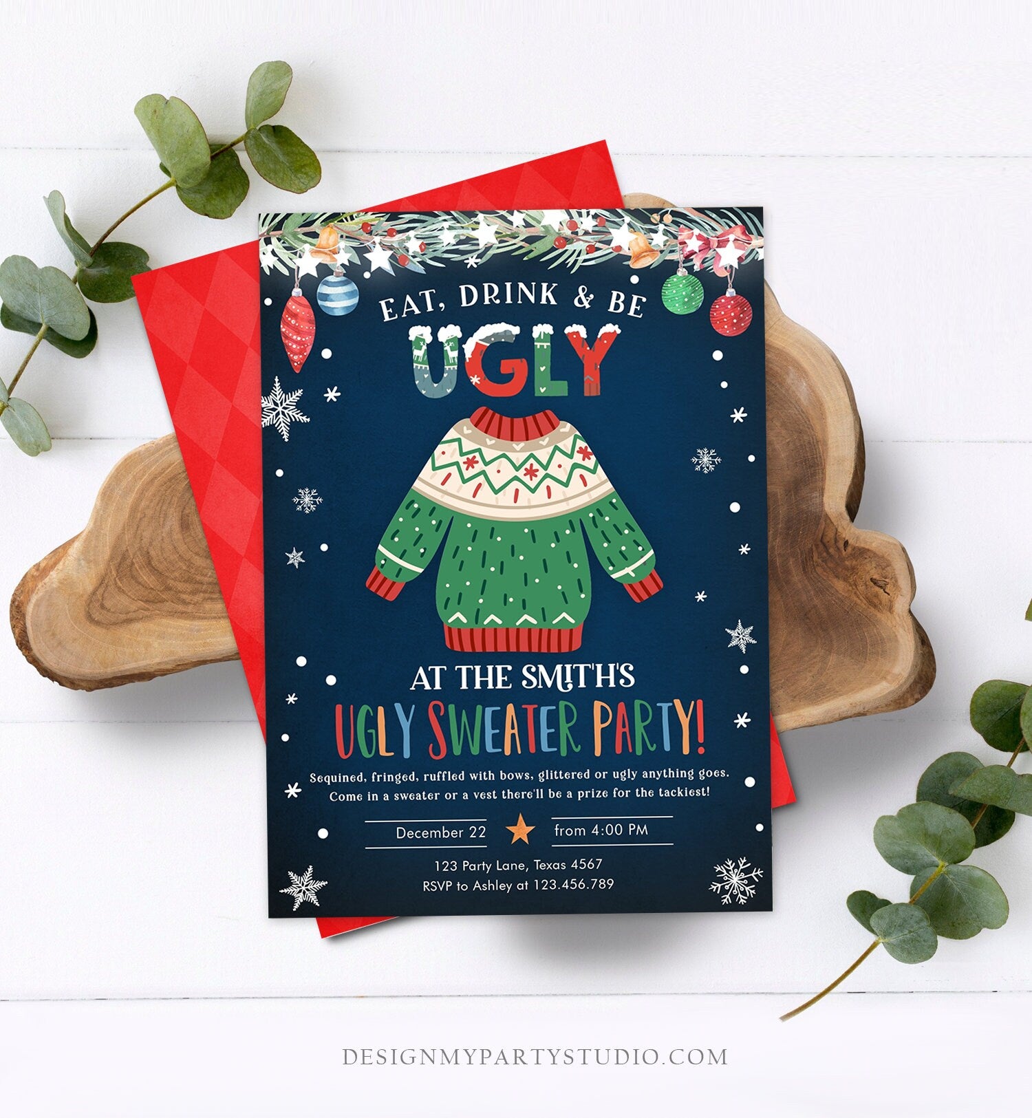 Editable Ugly Sweater Christmas Party Invitation Eat Drink And Be Ugly Rustic Family Birthday Tacky Party Printable Corjl Template 0354