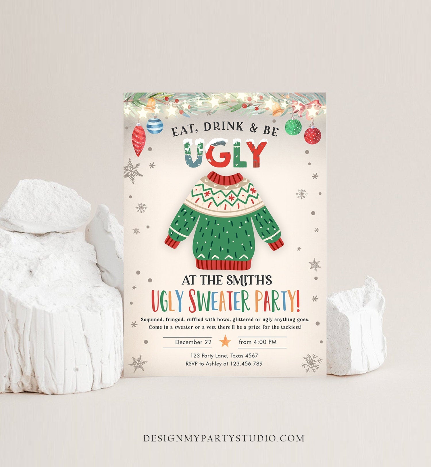 Editable Ugly Sweater Christmas Party Invitation Eat Drink And Be Ugly Rustic Family Birthday Tacky Party Printable Corjl Template 0354