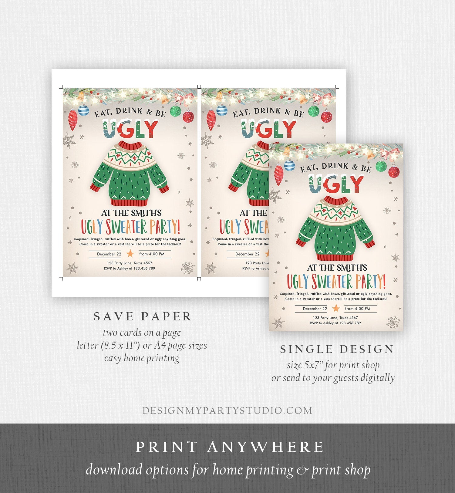 Editable Ugly Sweater Christmas Party Invitation Eat Drink And Be Ugly Rustic Family Birthday Tacky Party Printable Corjl Template 0354