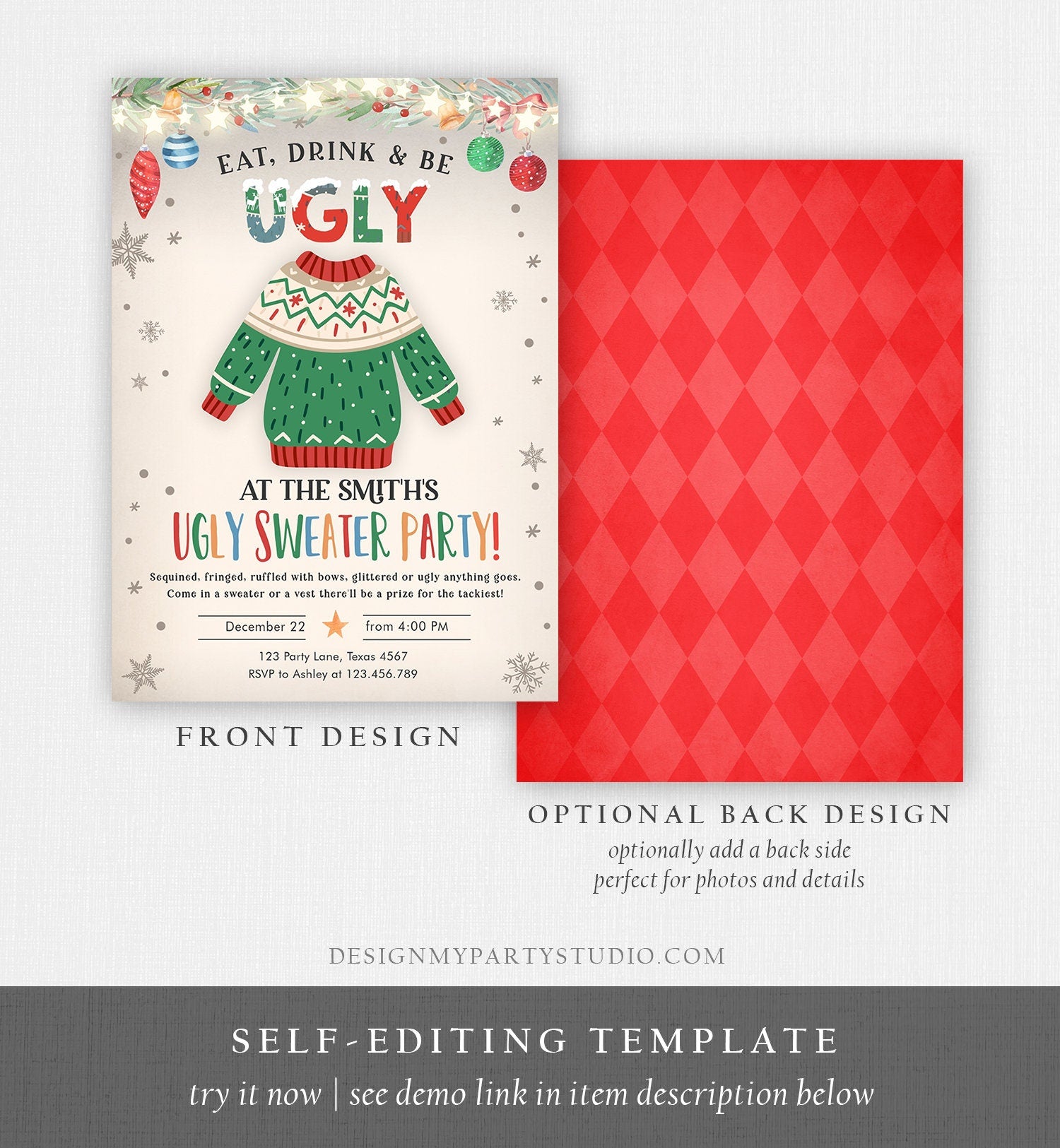 Editable Ugly Sweater Christmas Party Invitation Eat Drink And Be Ugly Rustic Family Birthday Tacky Party Printable Corjl Template 0354