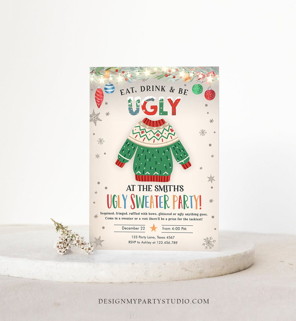 Editable Ugly Sweater Christmas Party Invitation Eat Drink And Be Ugly Rustic Family Birthday Tacky Party Printable Corjl Template 0354