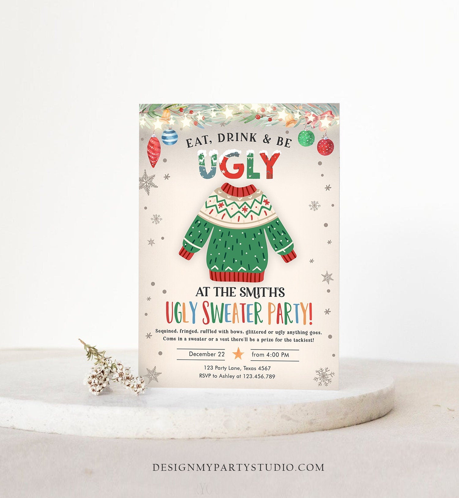 Editable Ugly Sweater Christmas Party Invitation Eat Drink And Be Ugly Rustic Family Birthday Tacky Party Printable Corjl Template 0354