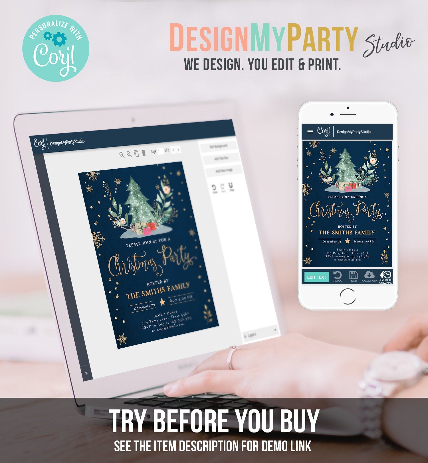 Editable Christmas Party Invitation Holiday Company It's Cold Outside Business Family Pink Gold Tree Corjl Template Download Printable 0353