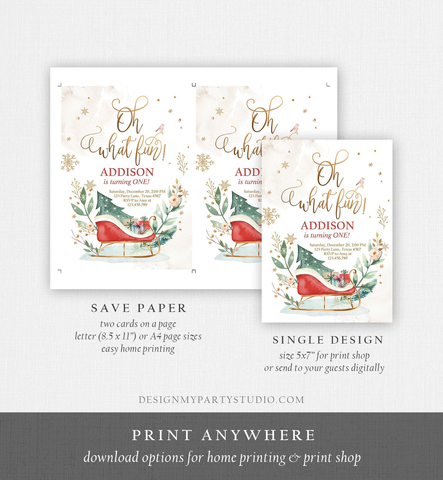 Editable Oh What Fun! Holiday 1st Winter Birthday Invitation Winter Christmas Party Sleigh Tree Neutral Red Gold Printable Template DIY 0353