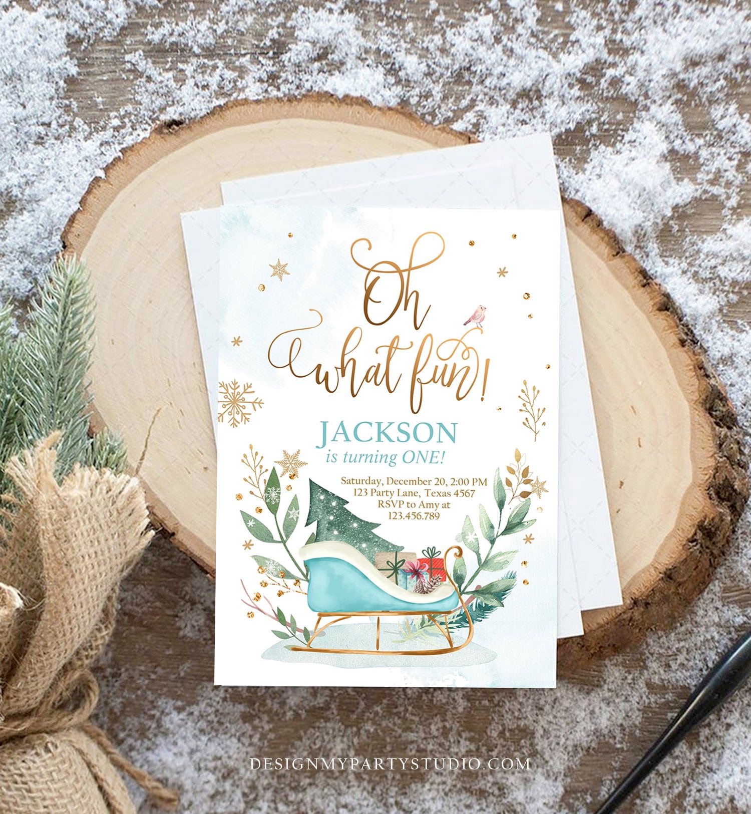 Editable Oh What Fun! Holiday 1st Winter Birthday Invitation Winter Christmas Party Sleigh Trees Boy Blue Gold Printable Template DIY 0353