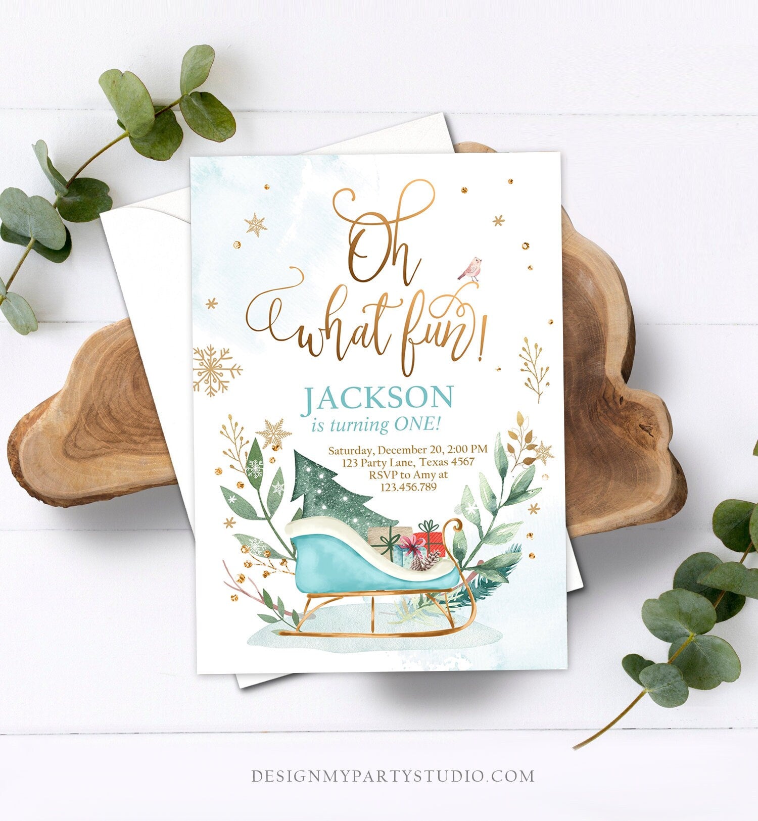 Editable Oh What Fun! Holiday 1st Winter Birthday Invitation Winter Christmas Party Sleigh Trees Boy Blue Gold Printable Template DIY 0353