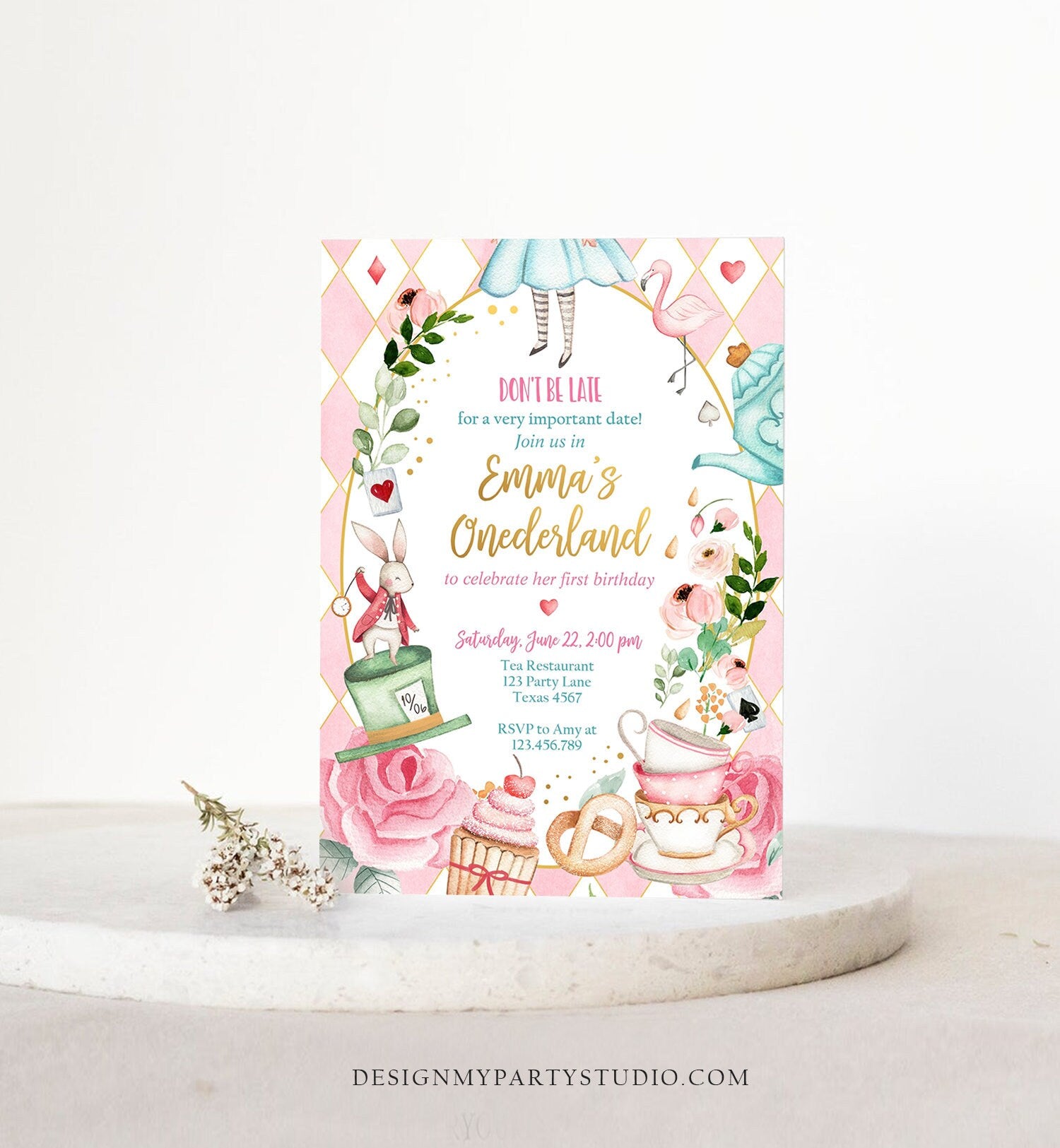 Editable Alice In Wonderland Birthday Invitation Girl First Birthday 1st Onederland Tea Party Pink Printable Template Corjl Digital 0350