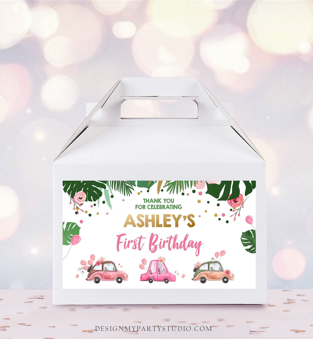 Editable Drive By Birthday Parade Gable Gift Box Labels Safari Gold Pink Drive Through Wild One Jungle Quarantine Cars Digital Corjl 0332