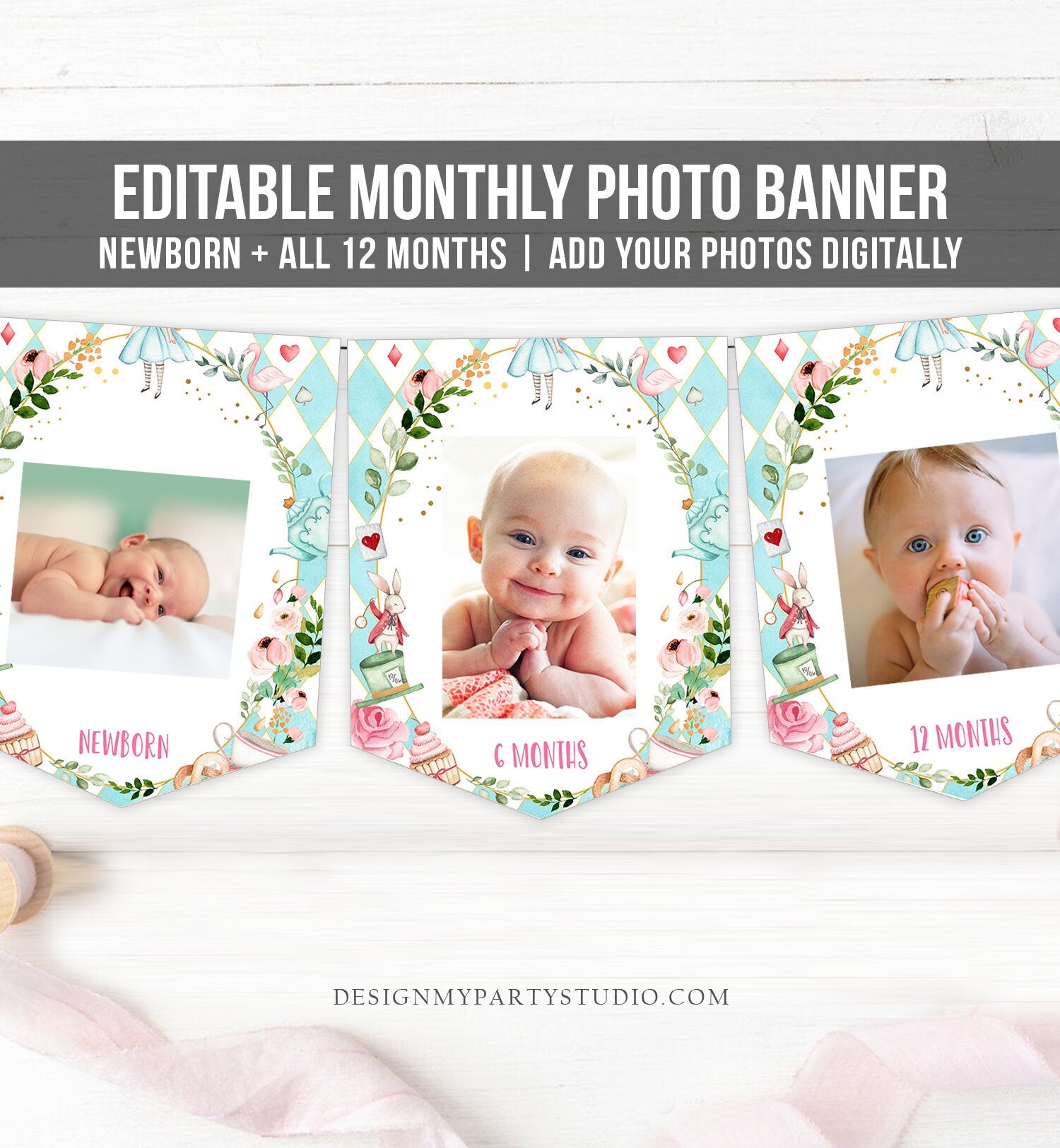 Editable Alice in Onederland First Birthday Banner Monthly Photo Banner Wonderland Tea Party 1st Blue Girl Corjl Template Printable 0350