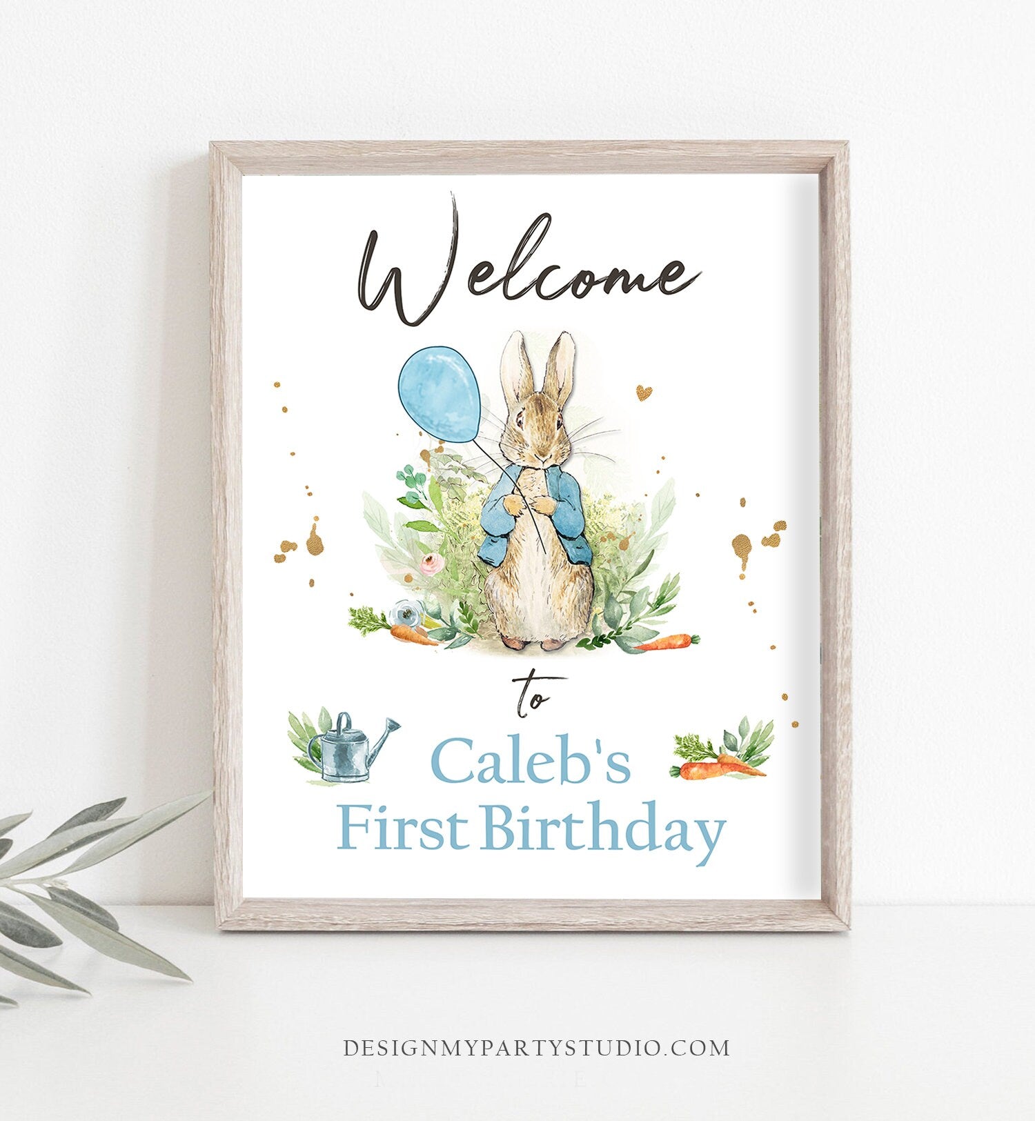 Editable Peter Rabbit Welcome Sign Boy Birthday Baby Shower Welcome 1st Birthday Rabbit Watercolor Bunny Template Corjl PRINTABLE 0351