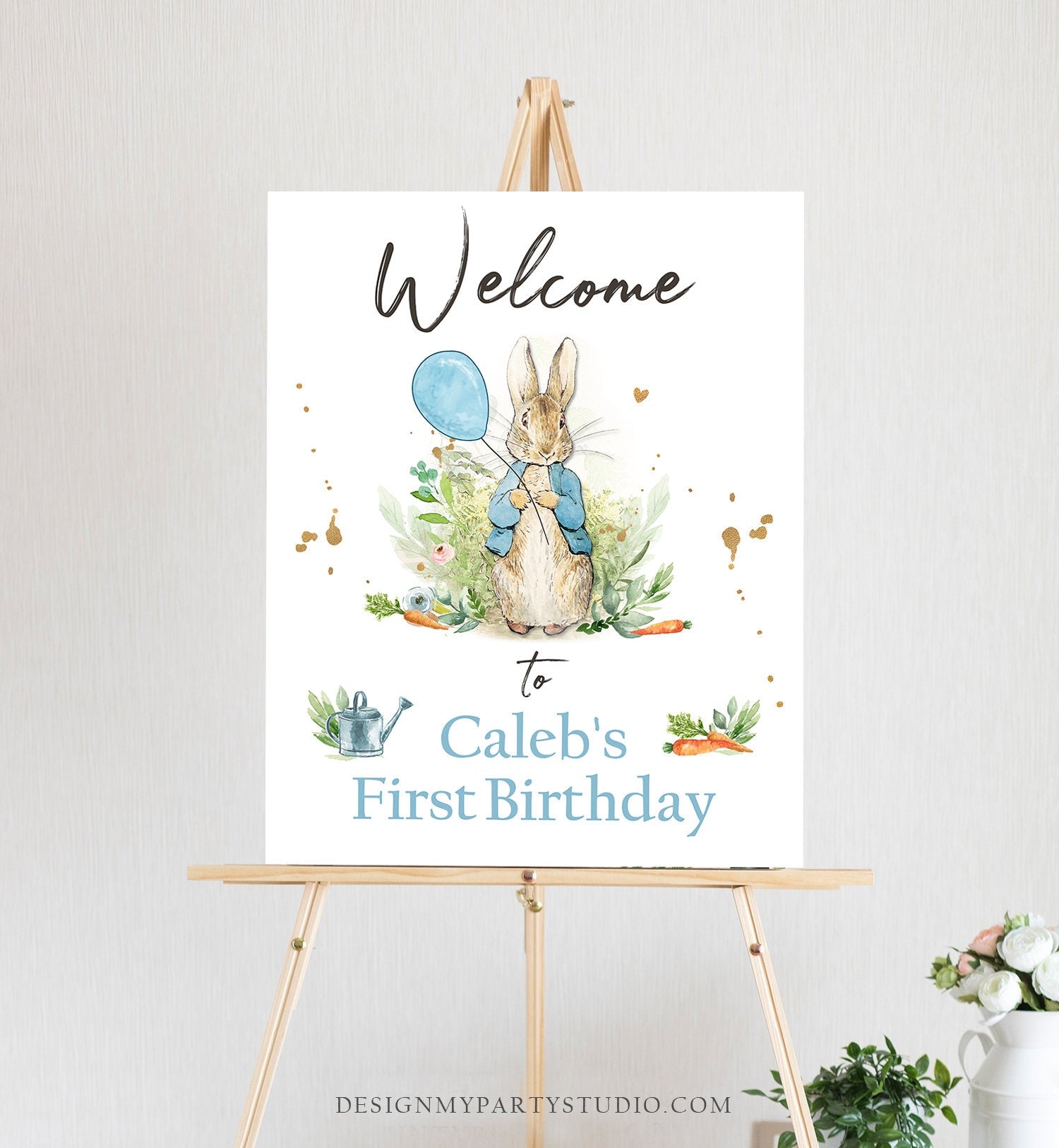 Editable Peter Rabbit Welcome Sign Boy Birthday Baby Shower Welcome 1st Birthday Rabbit Watercolor Bunny Template Corjl PRINTABLE 0351