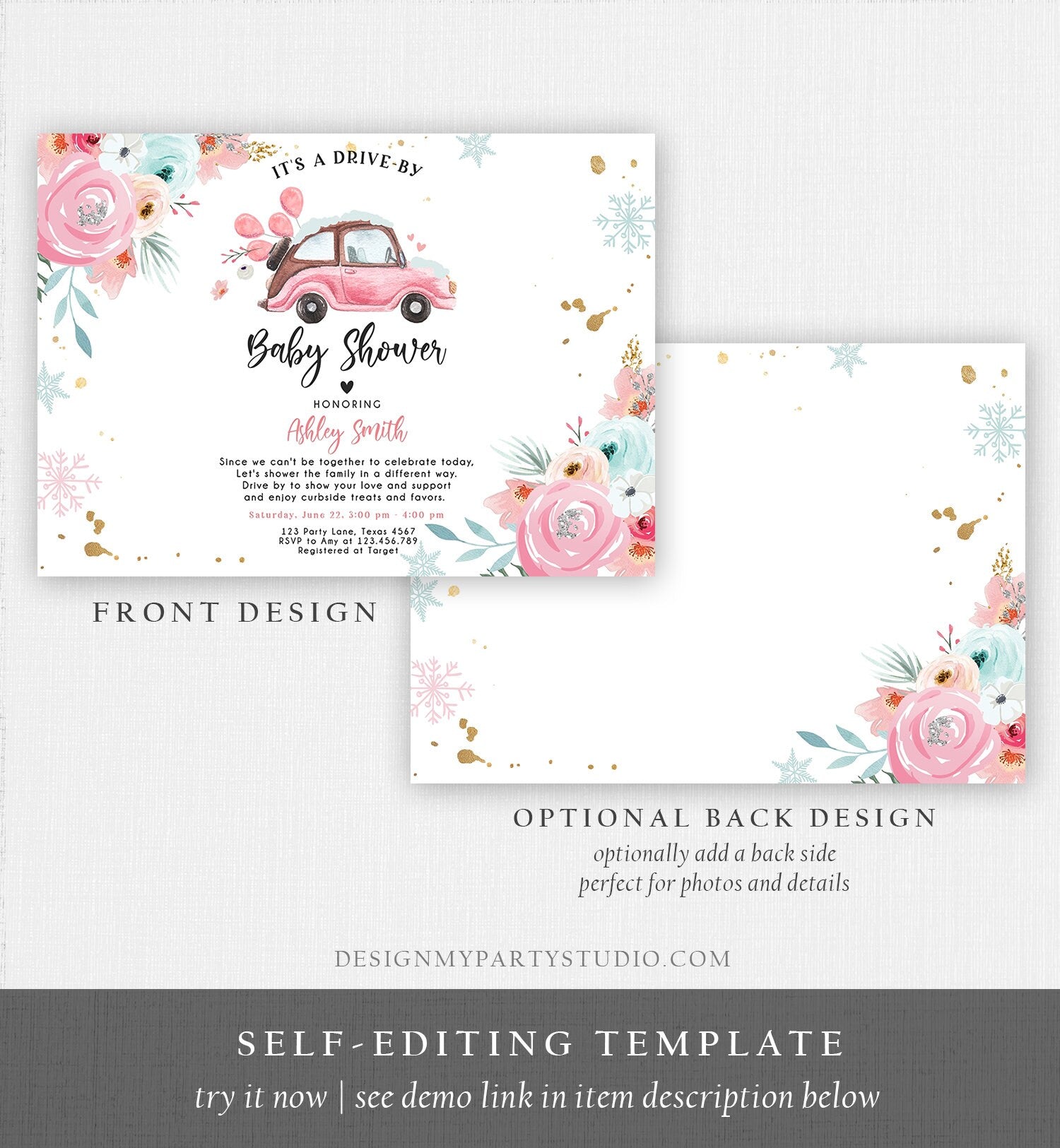 Editable Winter Drive By Baby Shower Invitation Pink Girl Baby Shower Invite Quarantine Drive Through Floral Template Download Corjl 0335