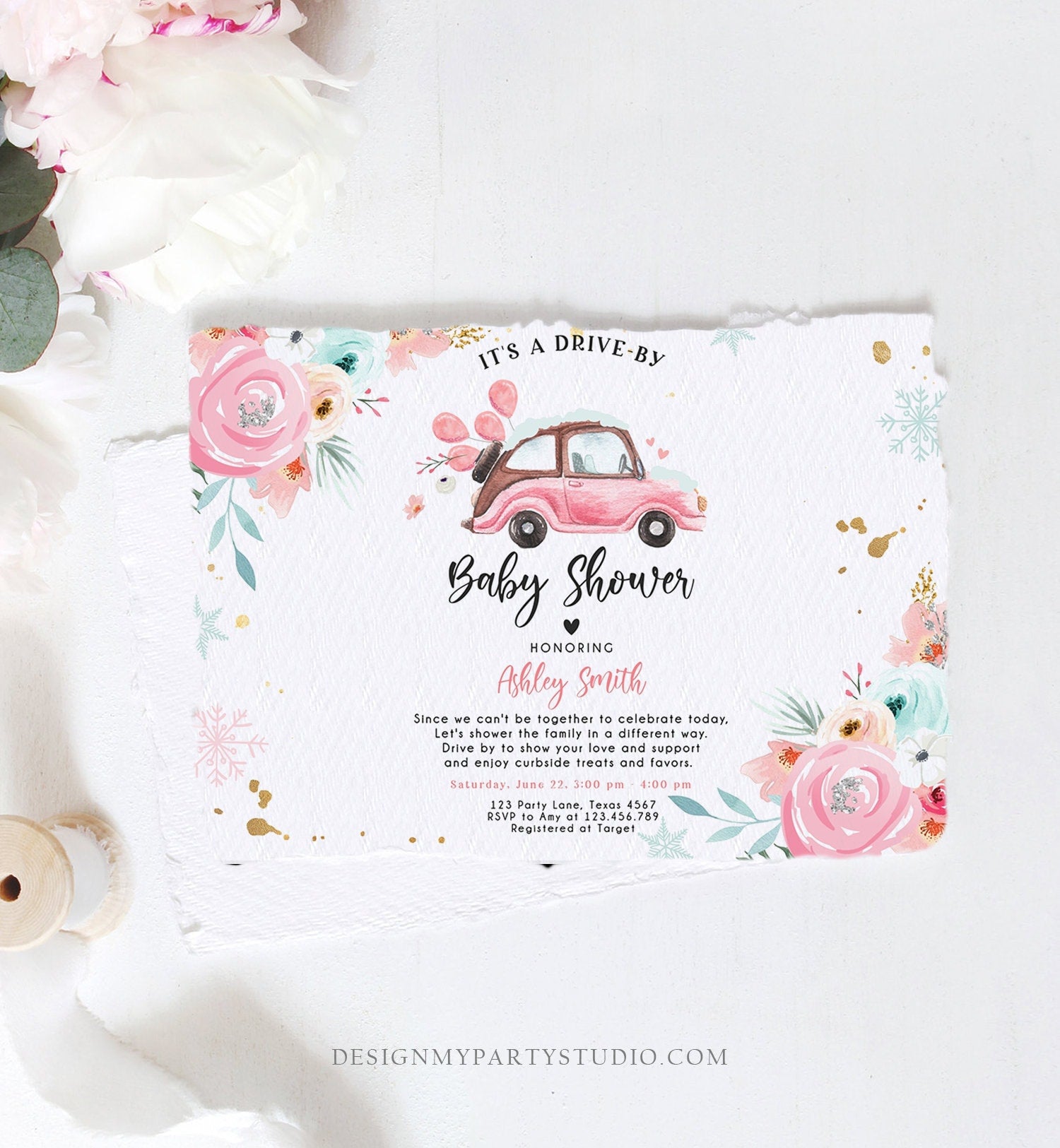 Editable Winter Drive By Baby Shower Invitation Pink Girl Baby Shower Invite Quarantine Drive Through Floral Template Download Corjl 0335