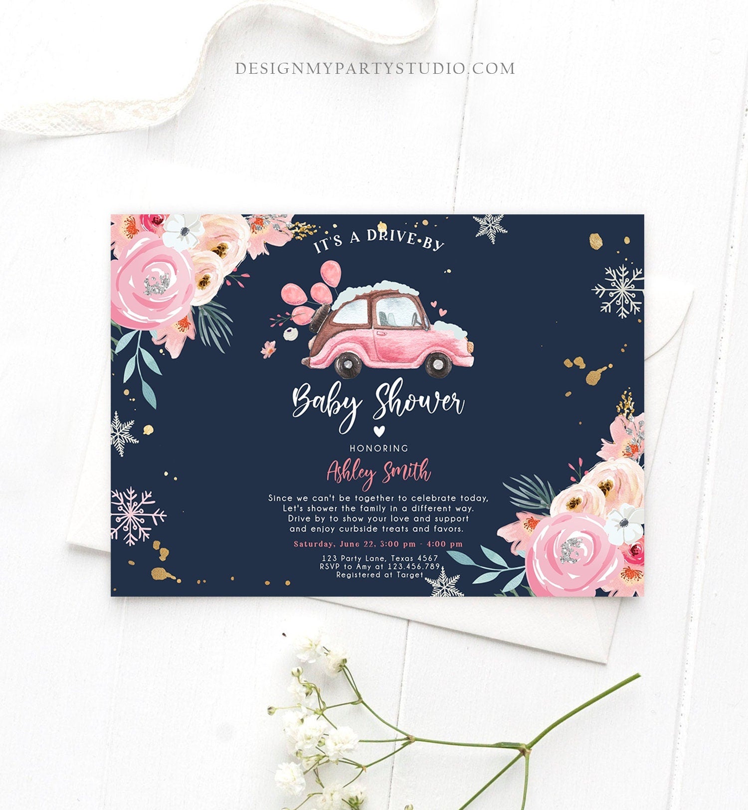 Editable Winter Drive By Baby Shower Invitation Pink Girl Baby Shower Invite Quarantine Drive Through Floral Template Download Corjl 0335