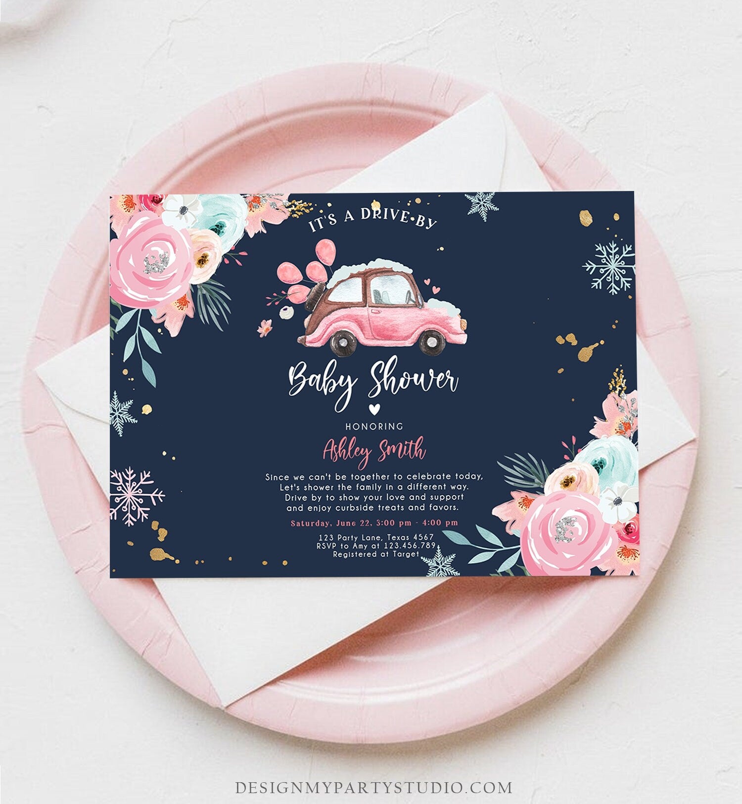 Editable Winter Drive By Baby Shower Invitation Pink Girl Baby Shower Invite Quarantine Drive Through Floral Template Download Corjl 0335