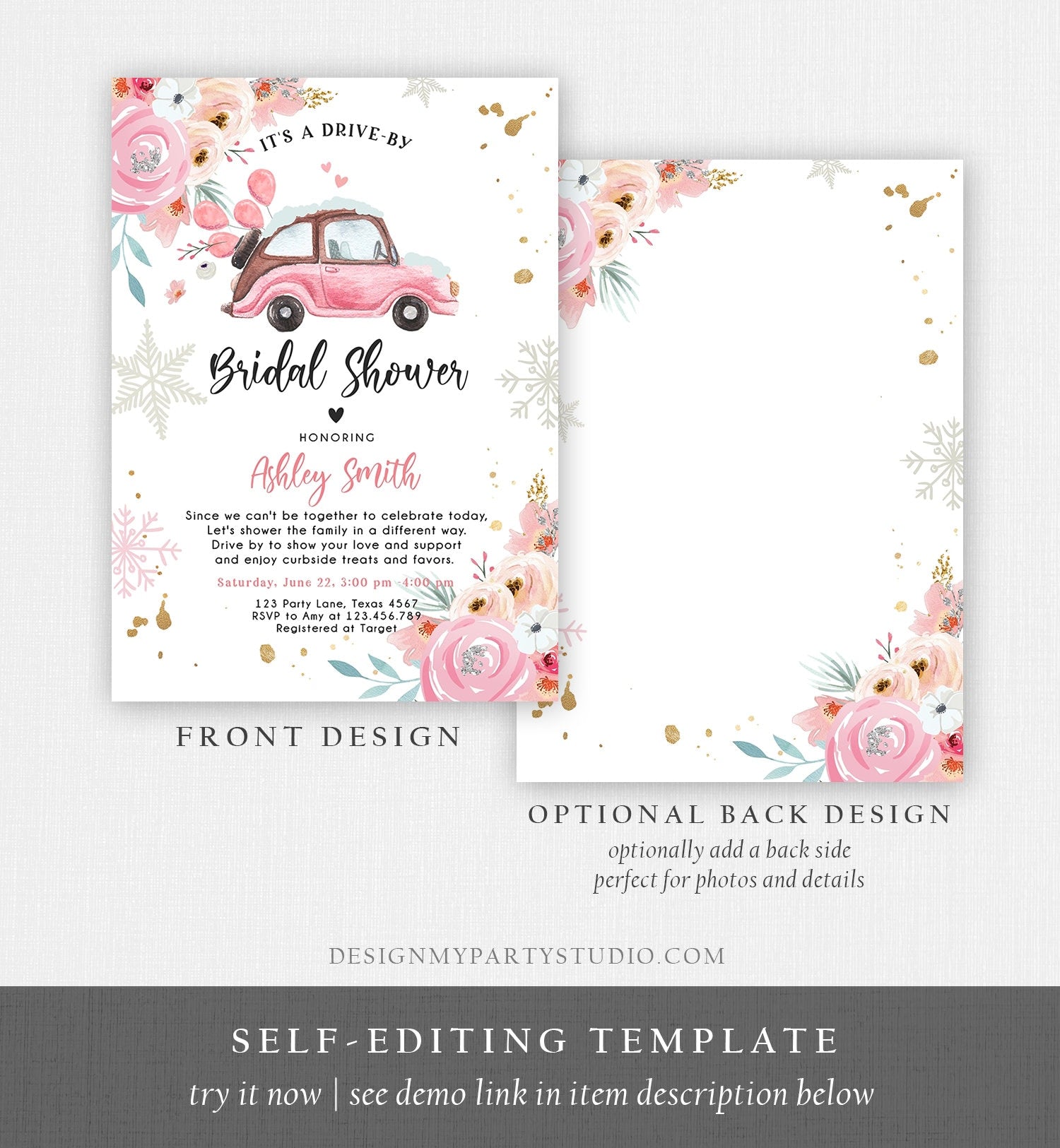 Editable Winter Drive By Bridal Shower Invitation Pink Wedding Shower Invite Quarantine Drive Through Floral Template Download Corjl 0335