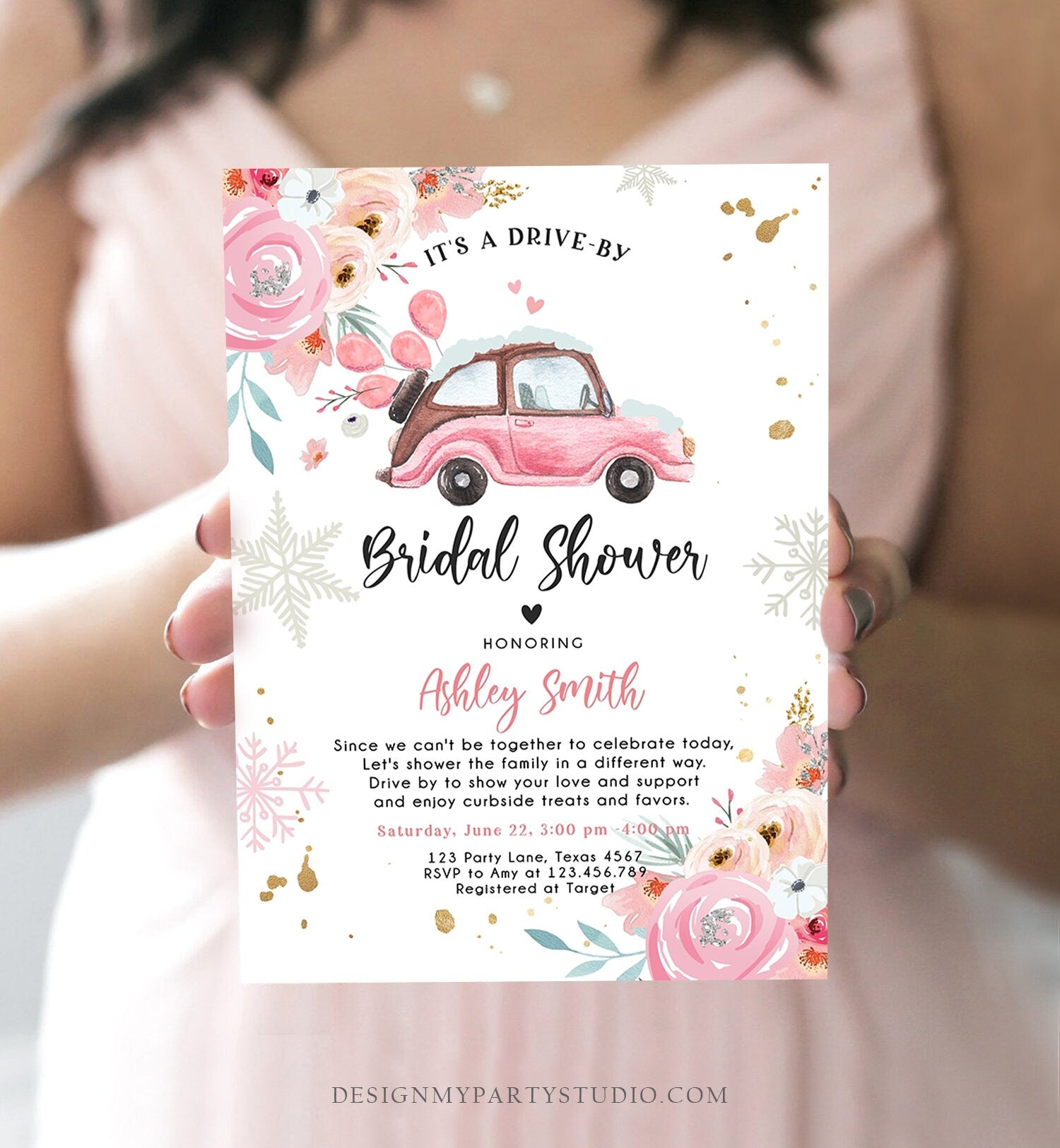 Editable Winter Drive By Bridal Shower Invitation Pink Wedding Shower Invite Quarantine Drive Through Floral Template Download Corjl 0335