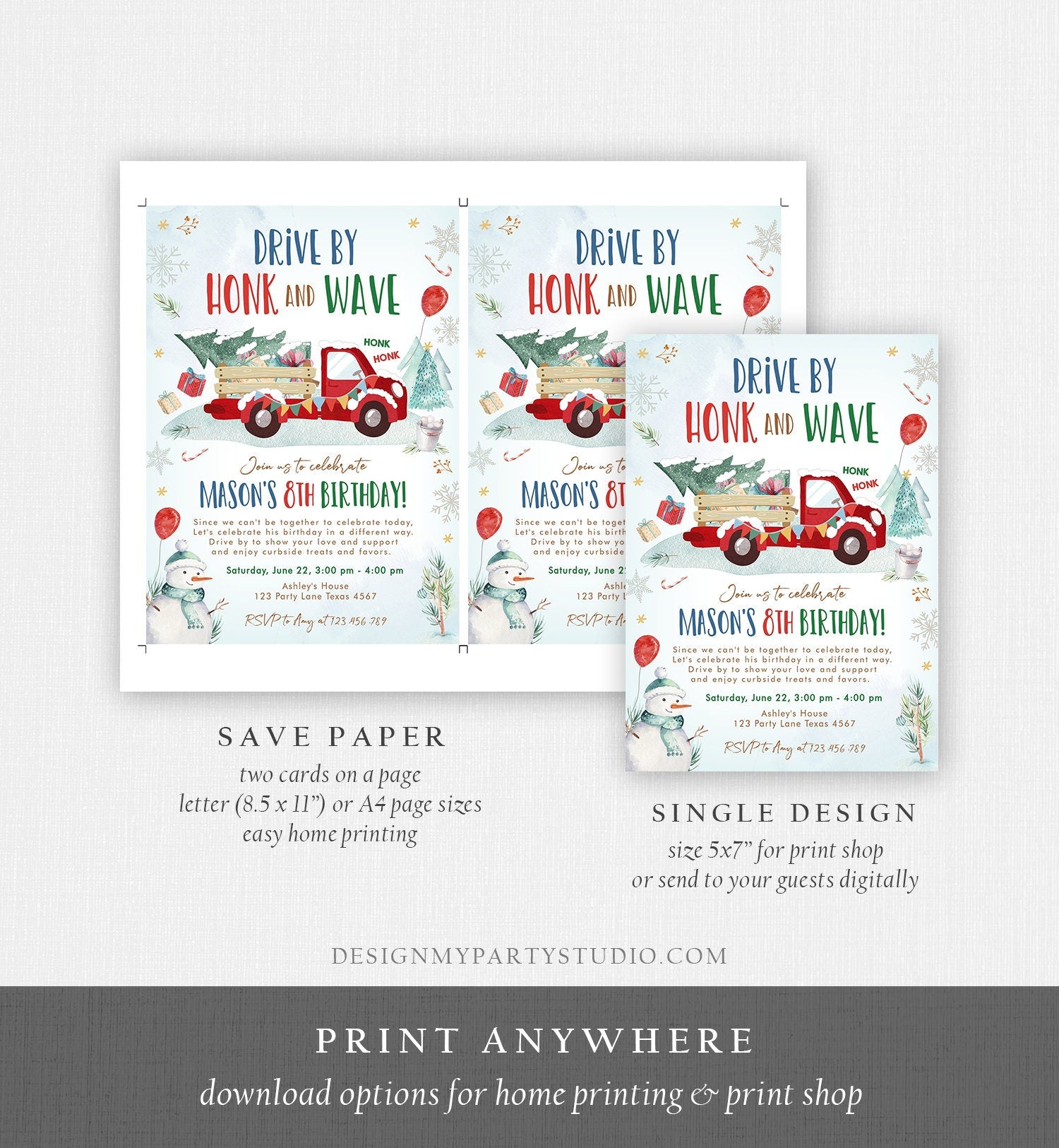 Editable Winter Drive By Birthday Invitation Parade Winter Onederland Virtual Party Invite Boy Red Truck Quarantine Download Corjl 0278