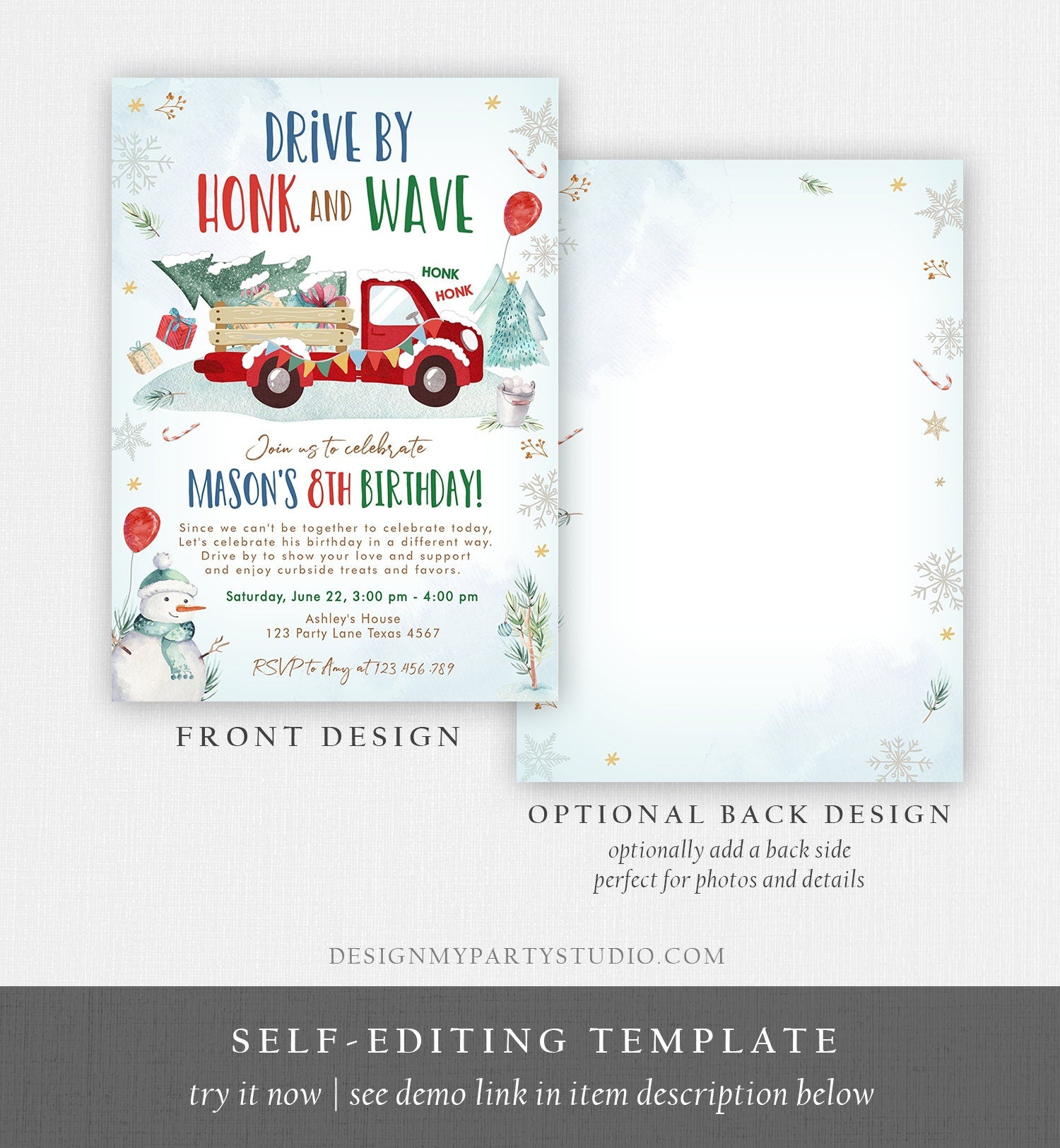 Editable Winter Drive By Birthday Invitation Parade Winter Onederland Virtual Party Invite Boy Red Truck Quarantine Download Corjl 0278