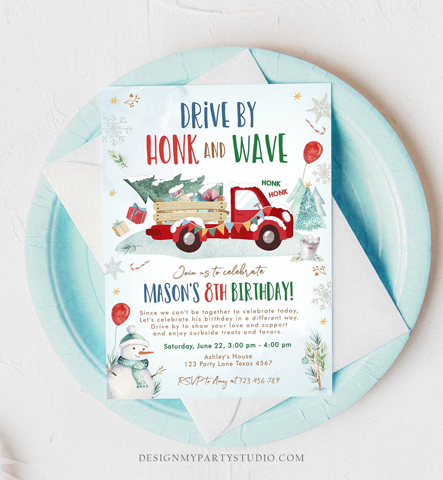 Editable Winter Drive By Birthday Invitation Parade Winter Onederland Virtual Party Invite Boy Red Truck Quarantine Download Corjl 0278