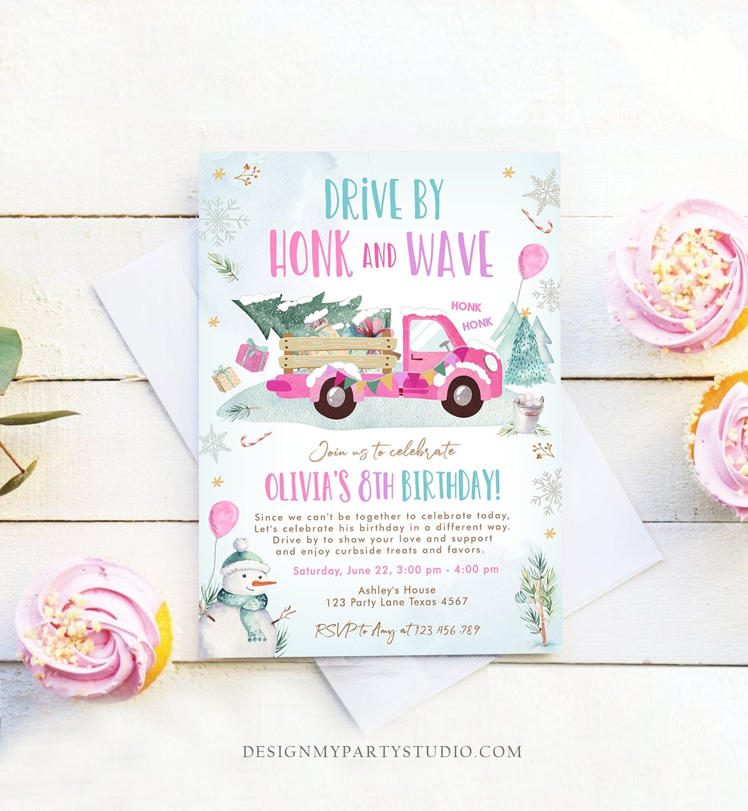 Editable Winter Drive By Birthday Invitation Parade Winter Onederland Virtual Party First 1st Girl Pink Truck Quarantine Download Corjl 0278