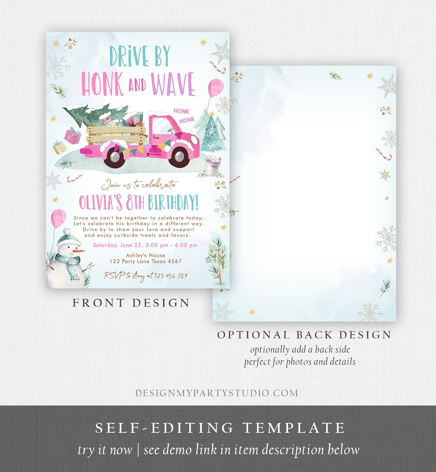 Editable Winter Drive By Birthday Invitation Parade Winter Onederland Virtual Party First 1st Girl Pink Truck Quarantine Download Corjl 0278