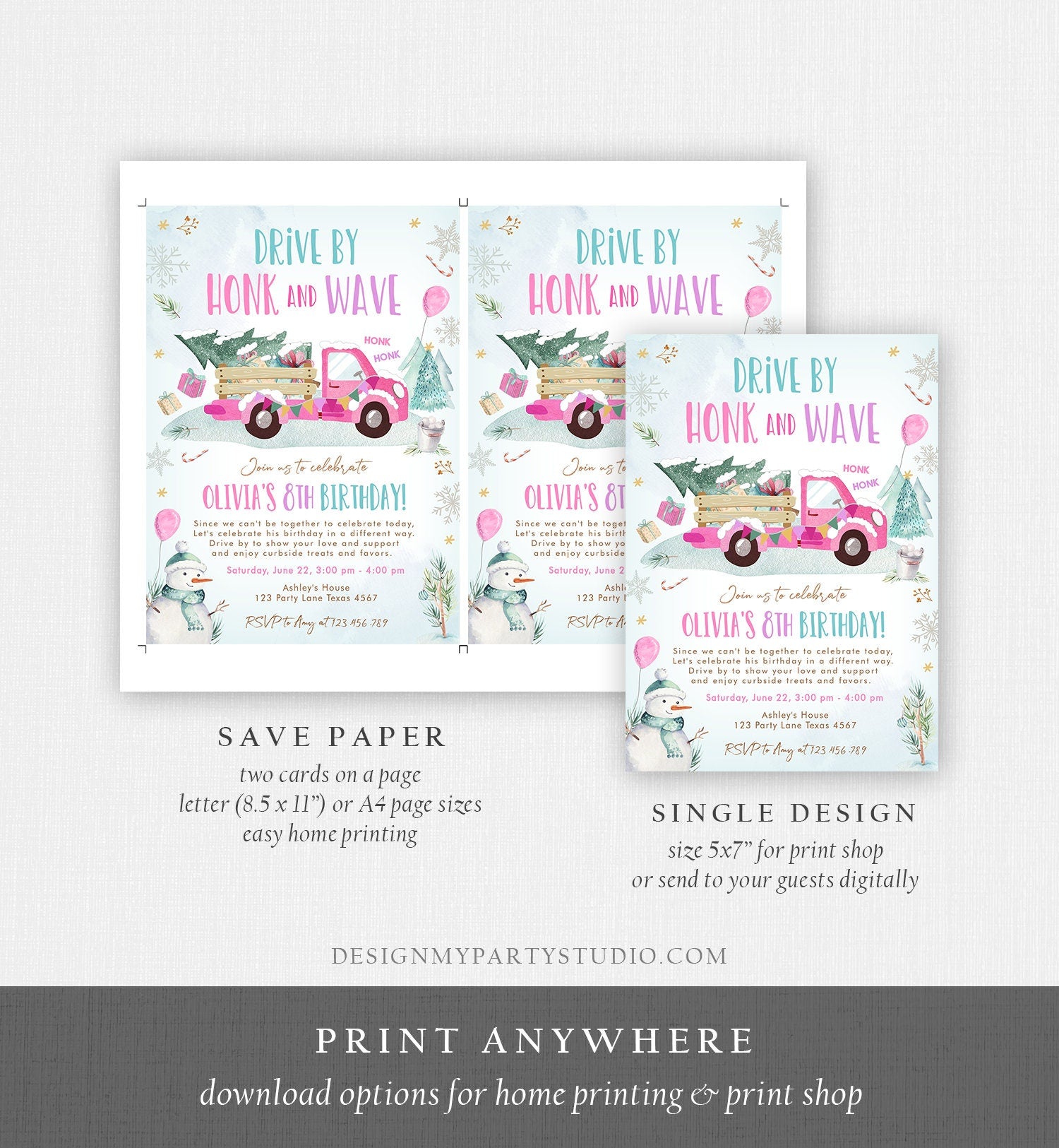 Editable Winter Drive By Birthday Invitation Parade Winter Onederland Virtual Party First 1st Girl Pink Truck Quarantine Download Corjl 0278