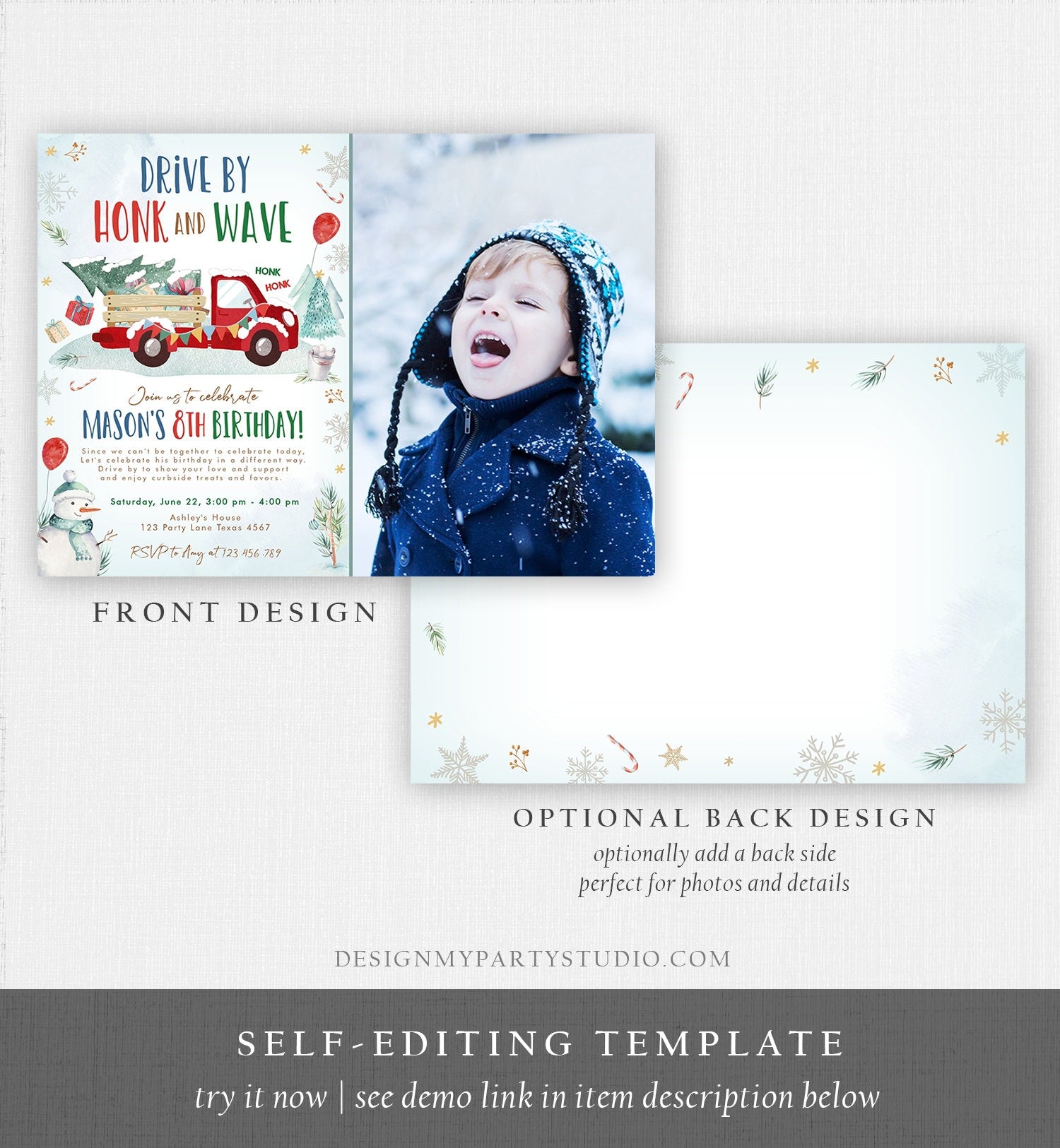 Editable Winter Drive By Birthday Invitation Parade Winter Onederland Virtual Party Invite Boy Red Truck Quarantine Download Corjl 0278