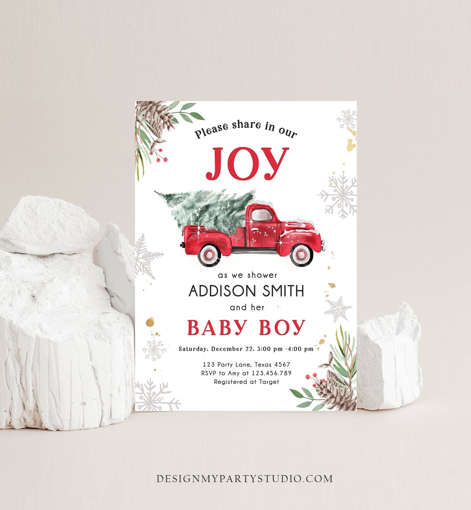 Editable Red Truck Baby Shower Invitation Winter Baby Shower Baby Boy Christmas Tree Truck Watercolor December Template Download Corjl 0356