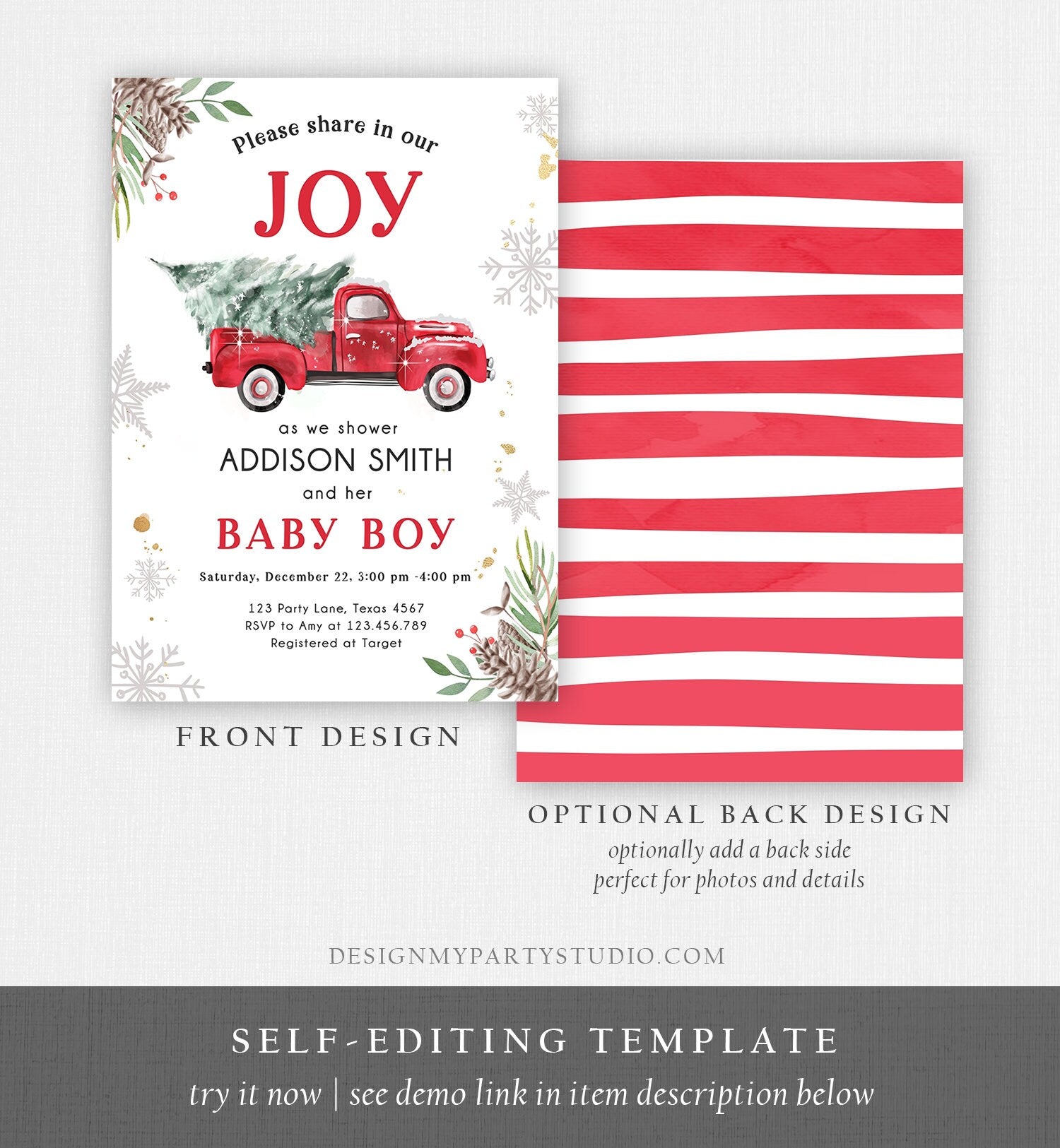 Editable Red Truck Baby Shower Invitation Winter Baby Shower Baby Boy Christmas Tree Truck Watercolor December Template Download Corjl 0356