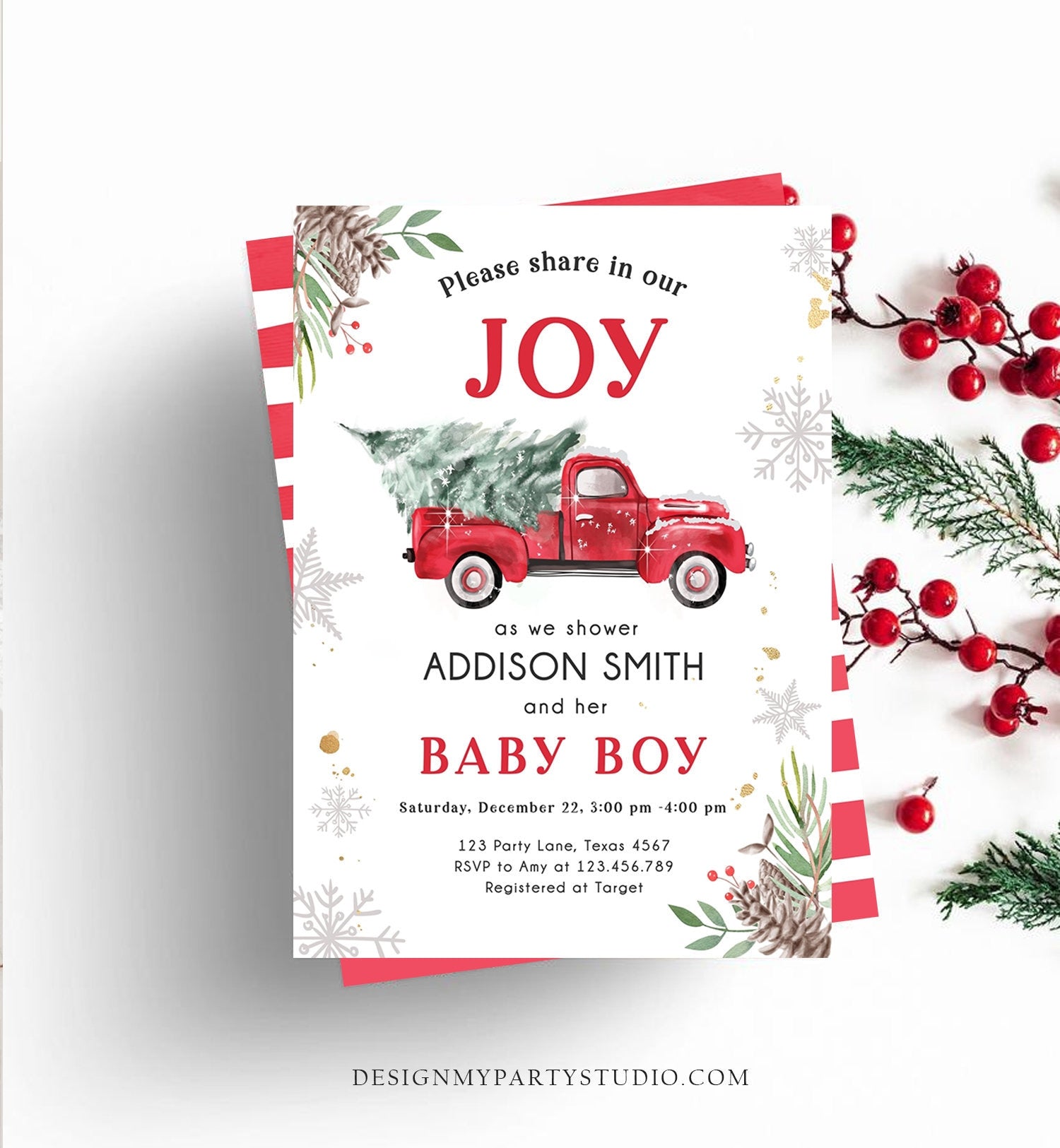 Editable Red Truck Baby Shower Invitation Winter Baby Shower Baby Boy Christmas Tree Truck Watercolor December Template Download Corjl 0356