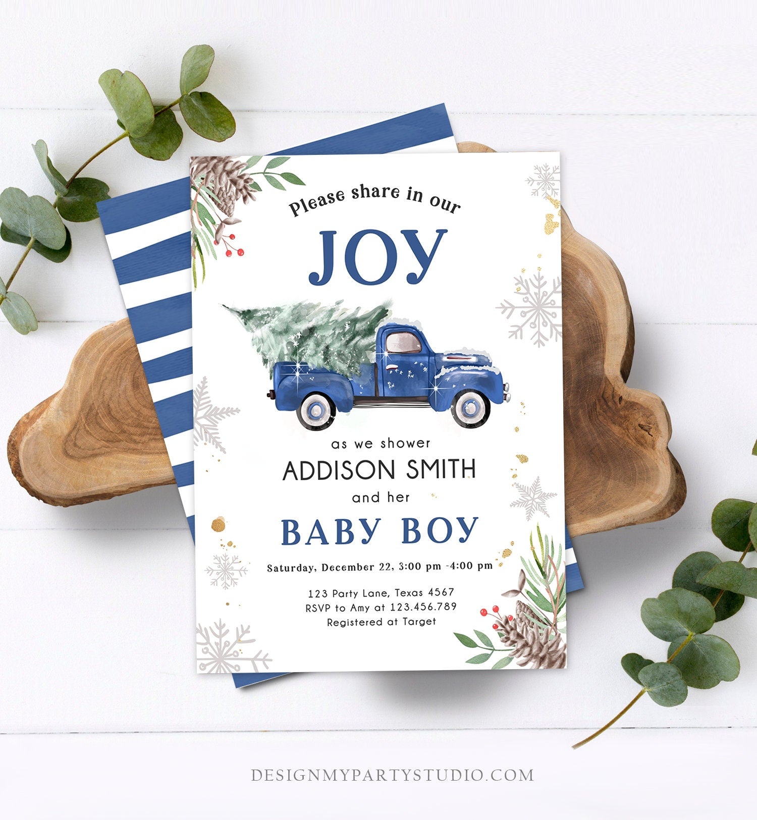 Editable Blue Truck Baby Shower Invitation Winter Baby Shower Baby Boy Christmas Tree Truck Watercolor December Template Download Corjl 0356